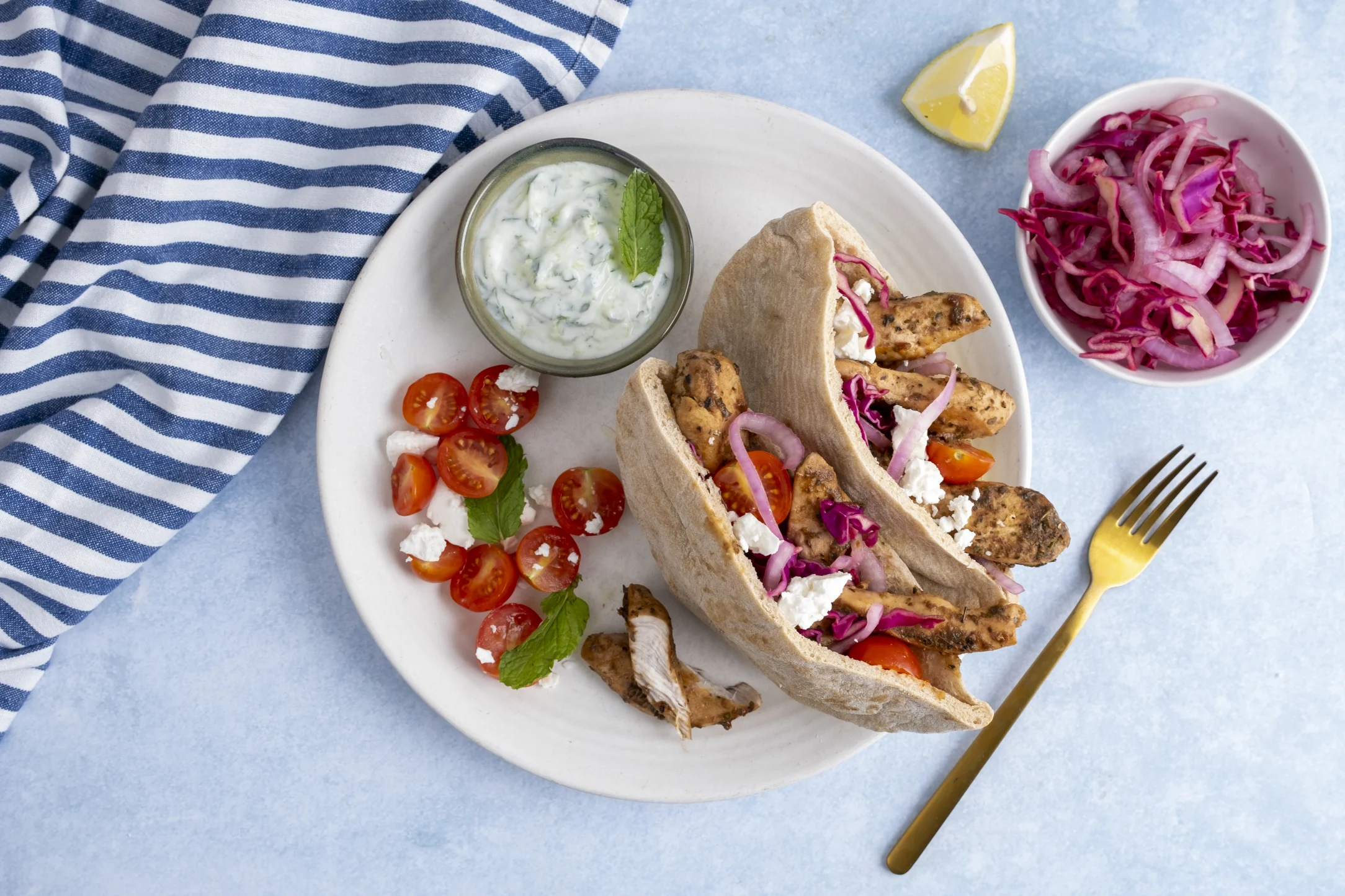 Express: Greek Chicken Gyros Sandwich with Tzatziki, Feta and Cherry Tomatoes