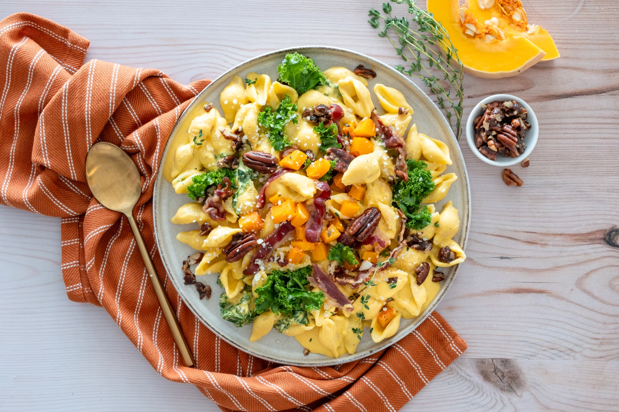 Creamy Butternut Squash Pasta with Smoky Bacon and Candied Pecans