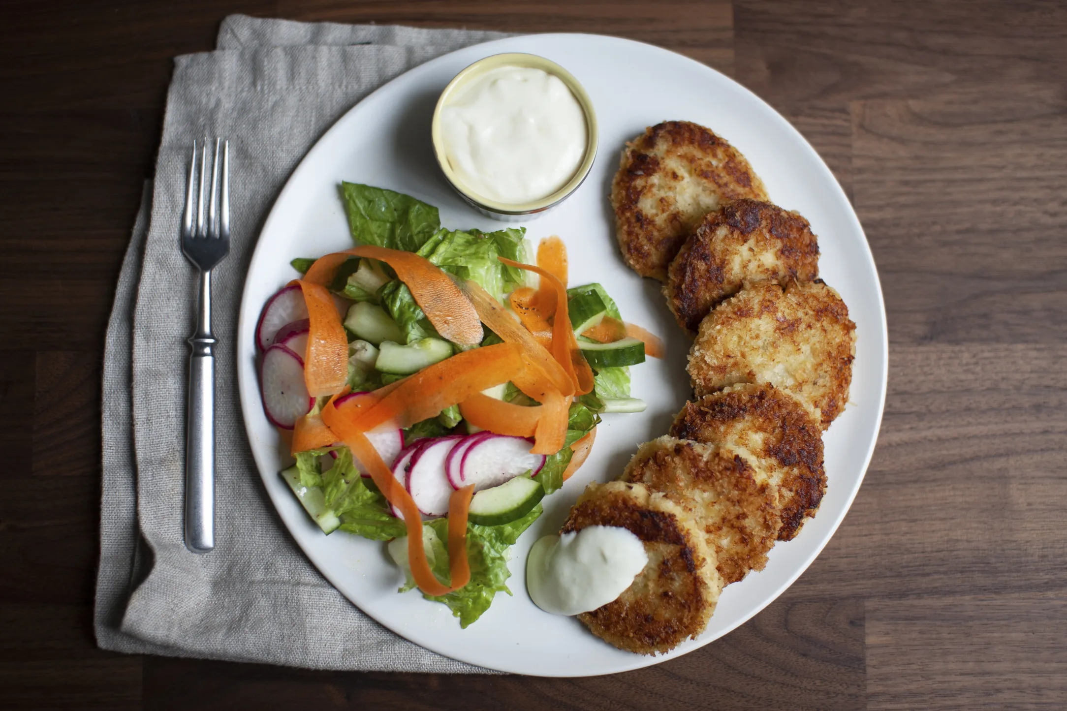 Cod and Potato Cakes with Lemon Mayo and Crunchy Salad