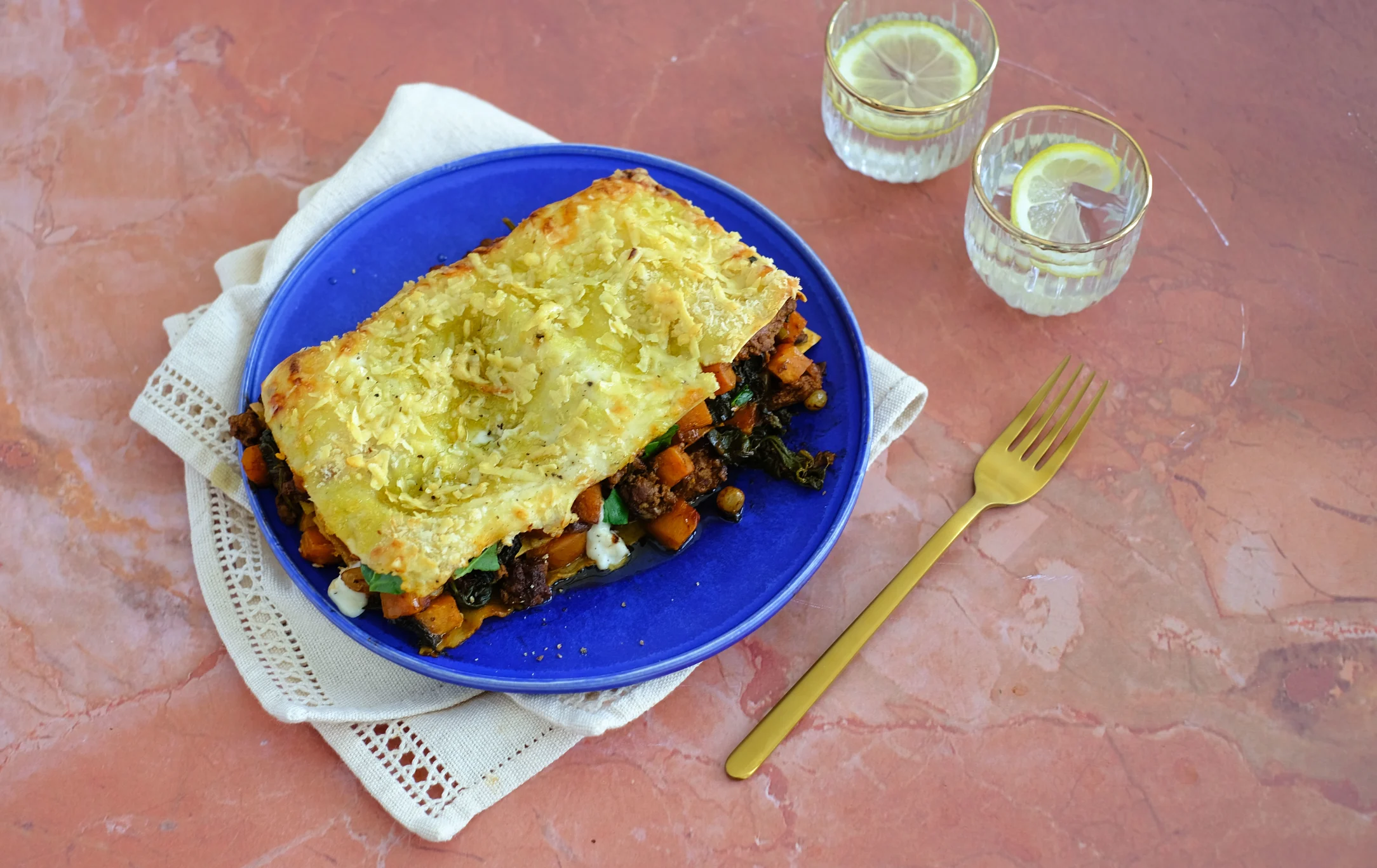 Moroccan Lamb Lasagna with Sweet Potatoes and Spinach