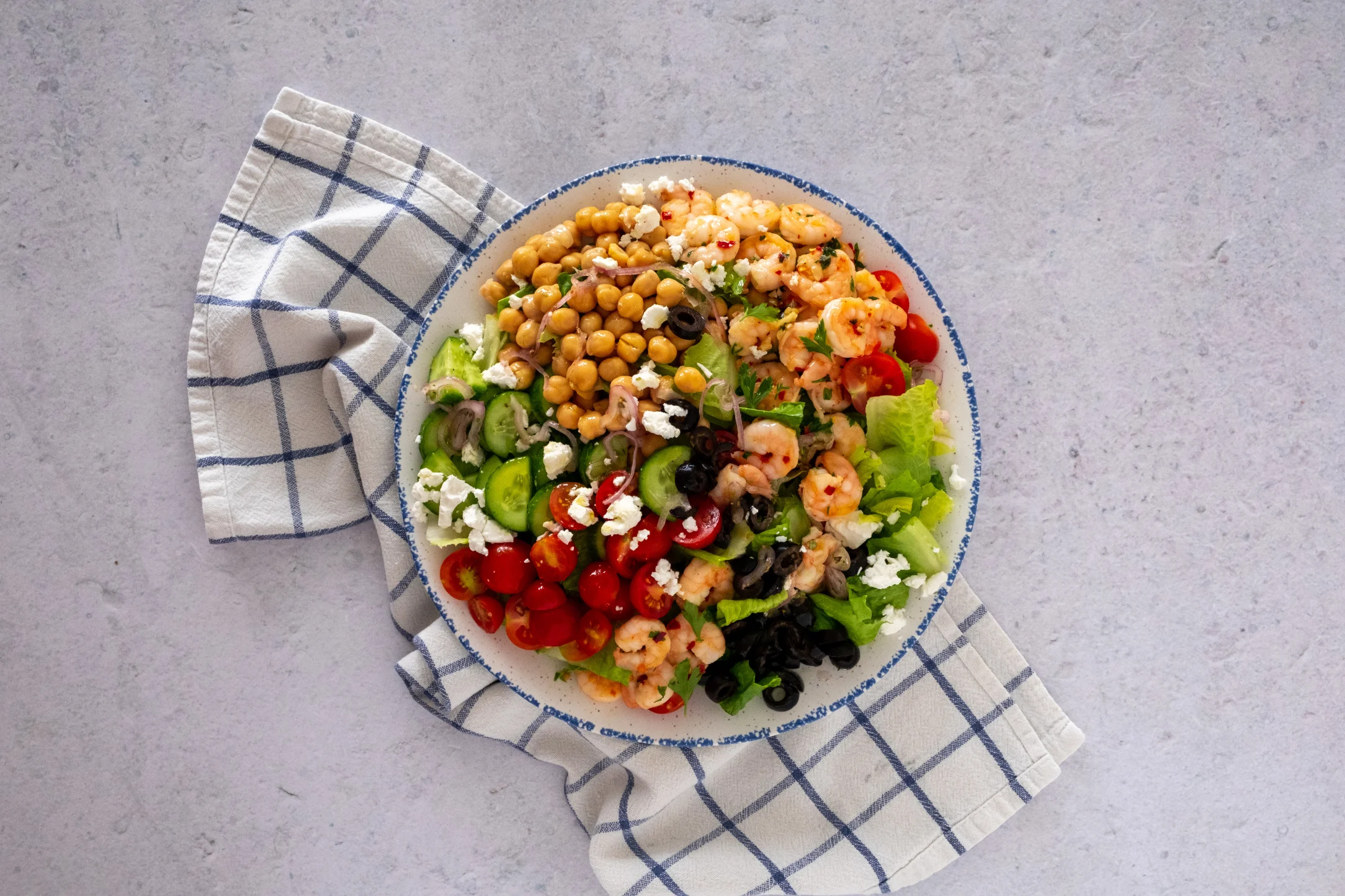 Garlic Chilli Prawns with Mediterranean Chopped Salad