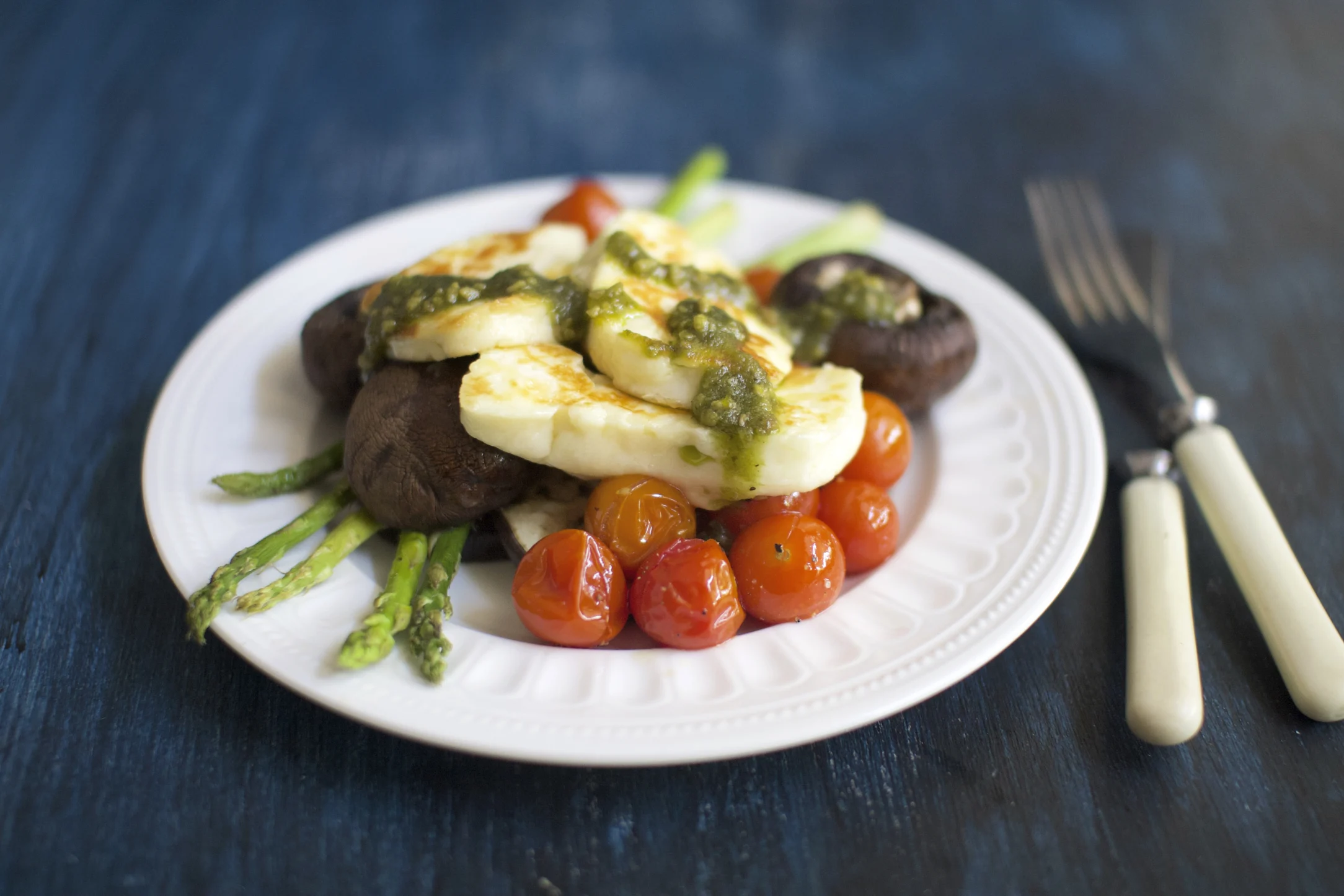 Roasted Vegetable Tray Bake with Fried Halloumi and Pesto
