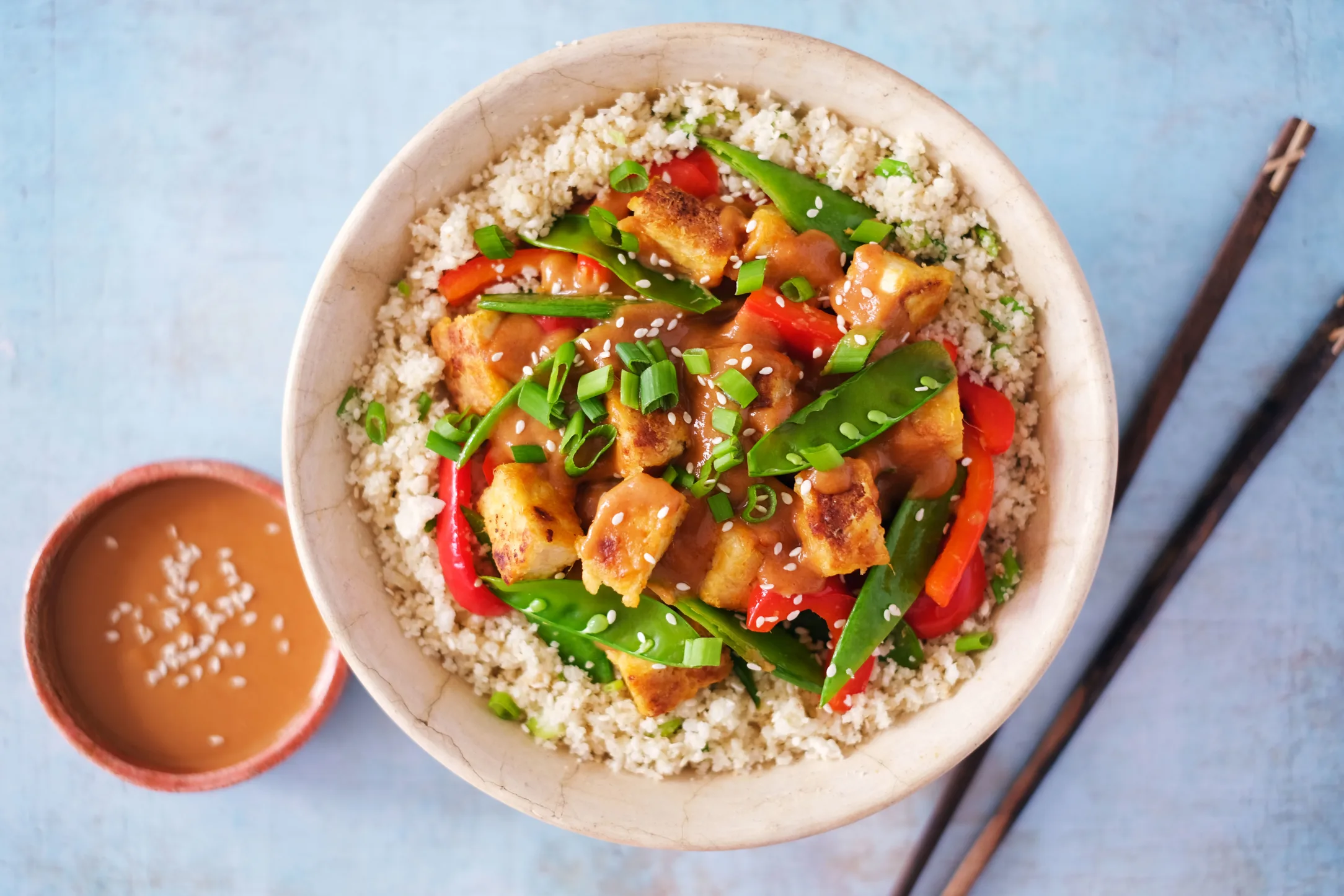 Cauliflower Fried Rice with Tofu and a Zingy Peanut Sauce