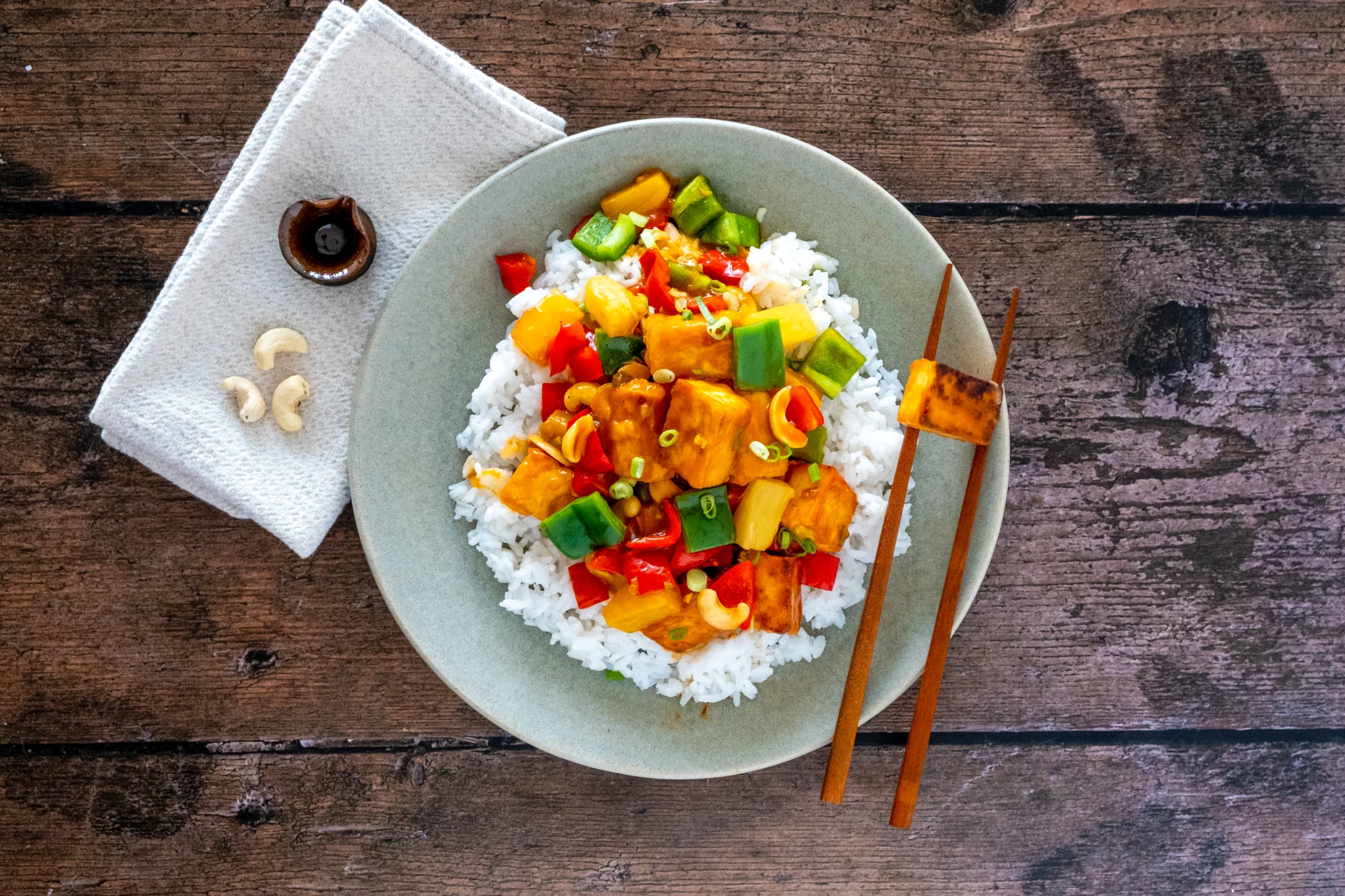 Sweet and Sour Fried Crispy Tofu with Jasmine Rice