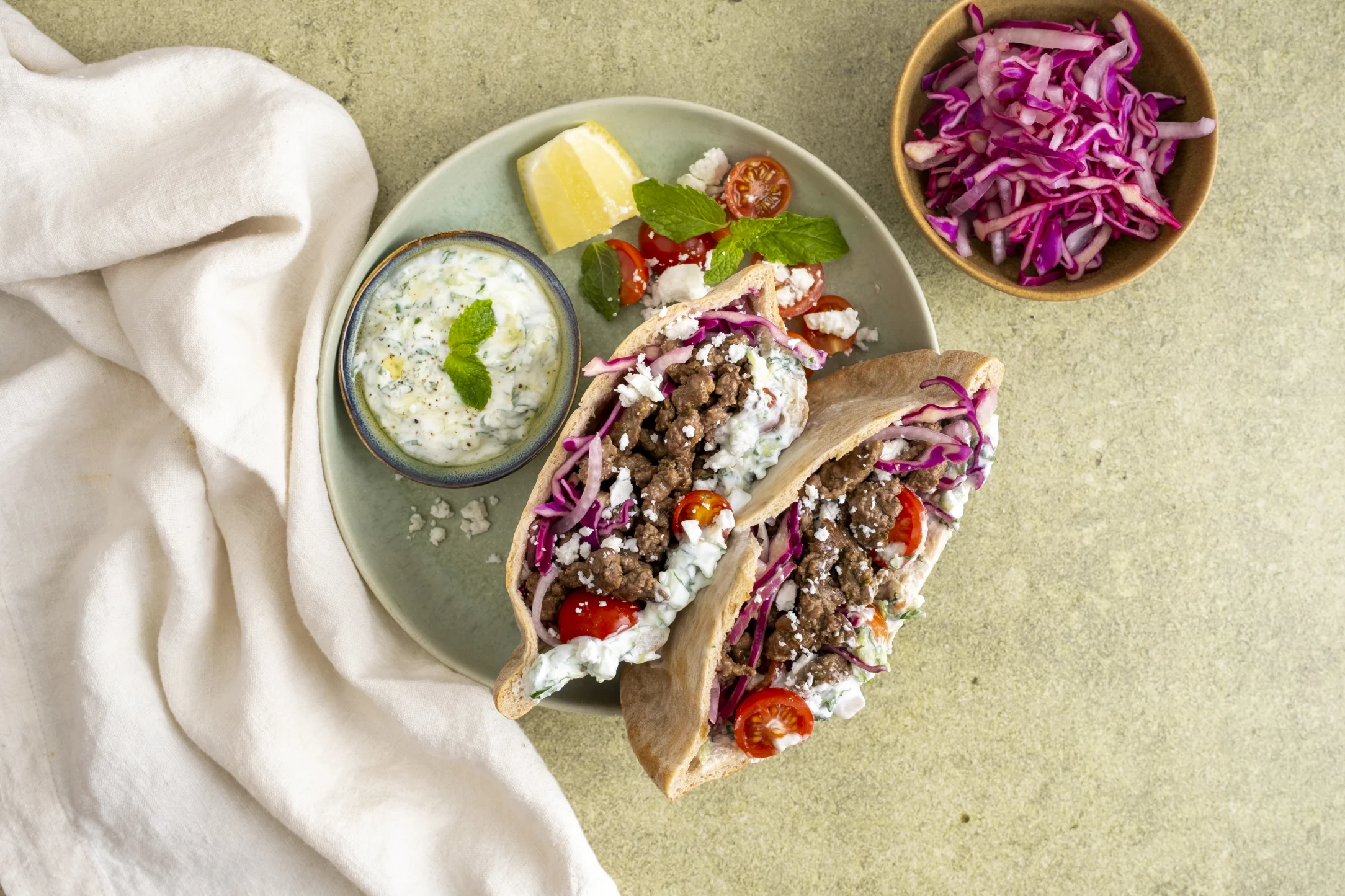 Express: Greek Lamb Gyros Sandwich with Tzatziki, Feta and Cherry Tomatoes