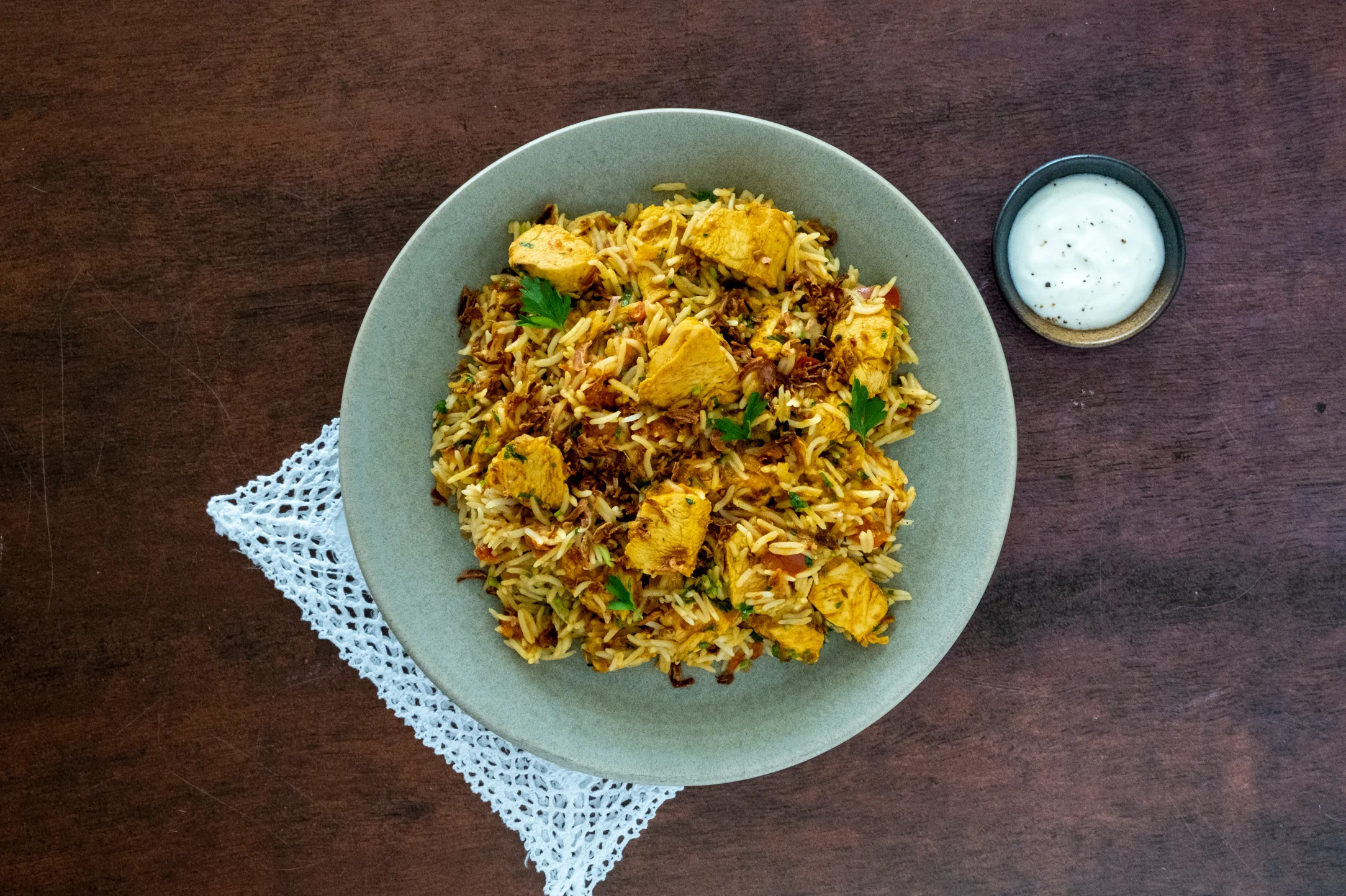 Chicken Biryani with Yogurt and Crispy Onions