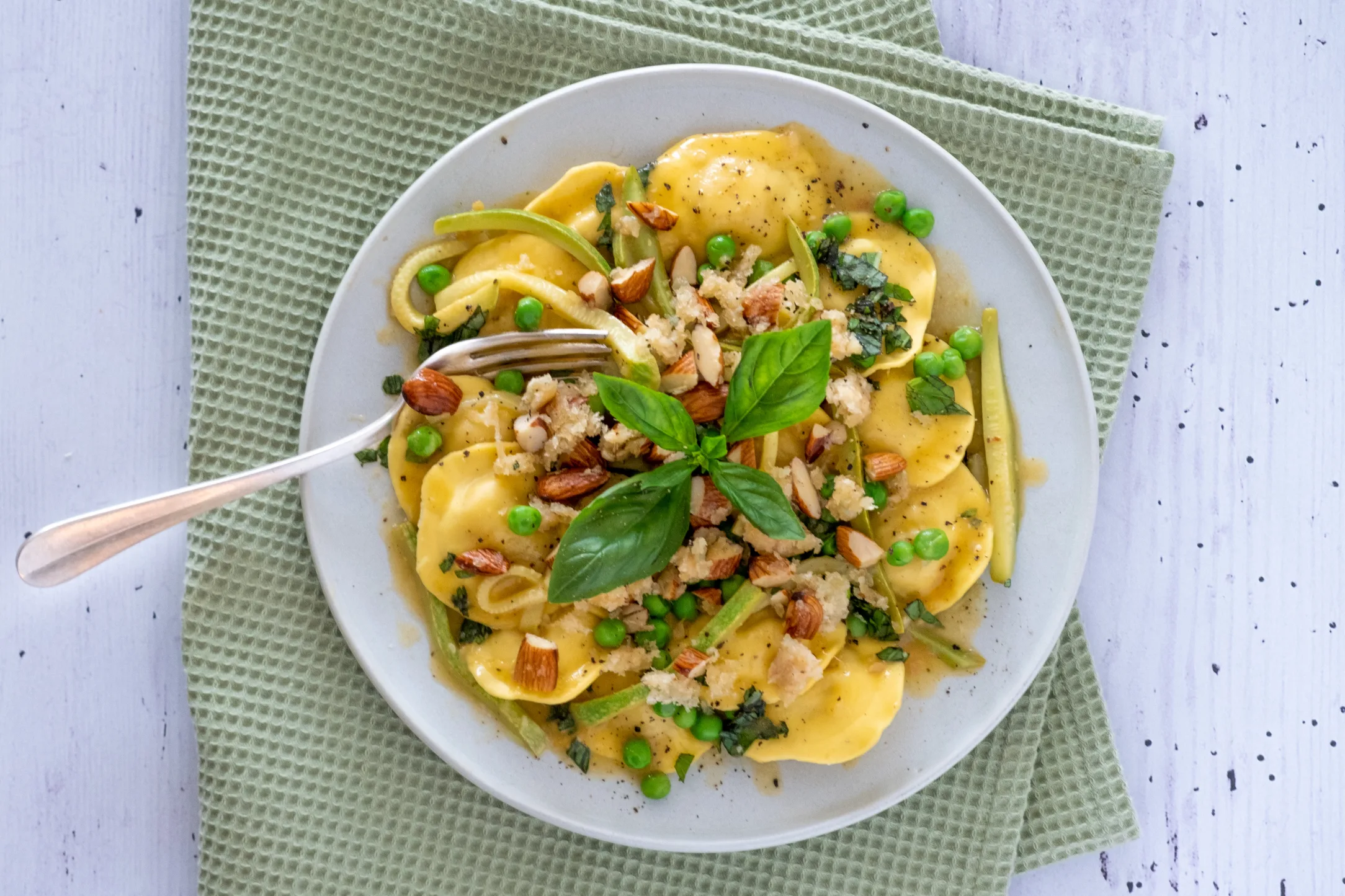 Four Cheese Ravioli in Lemon and Zucchini Butter with a Garlicky Crumb