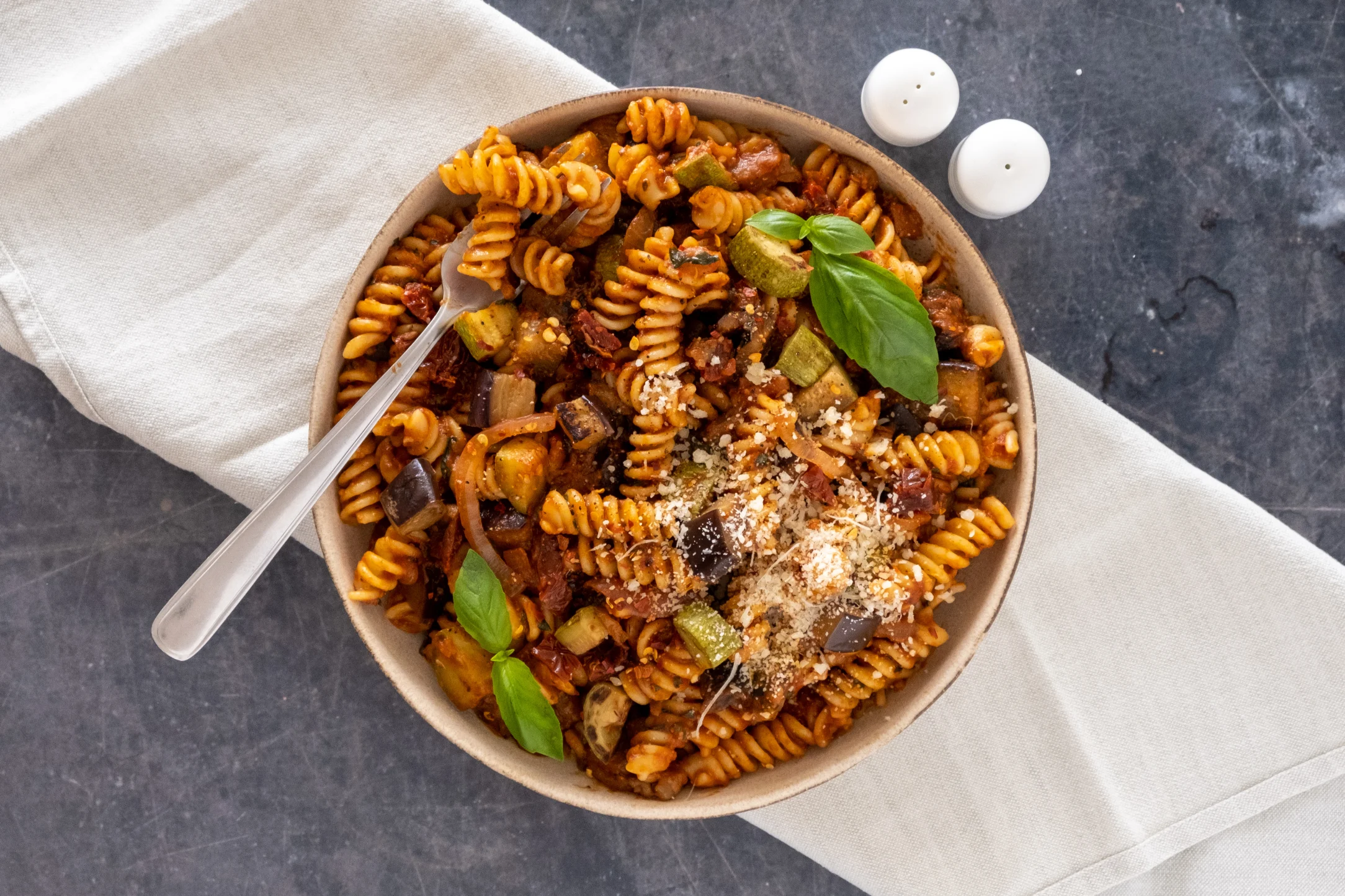 Eggplant and Zucchini Pasta with Basil and Parmesan