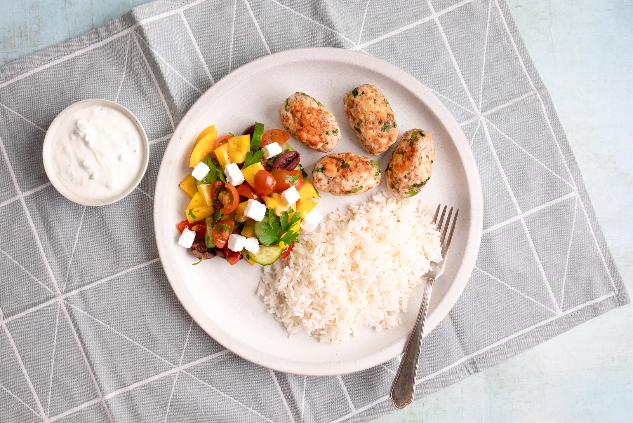 Greek Chicken Kofta with Feta Salad, Tzatziki and Rice