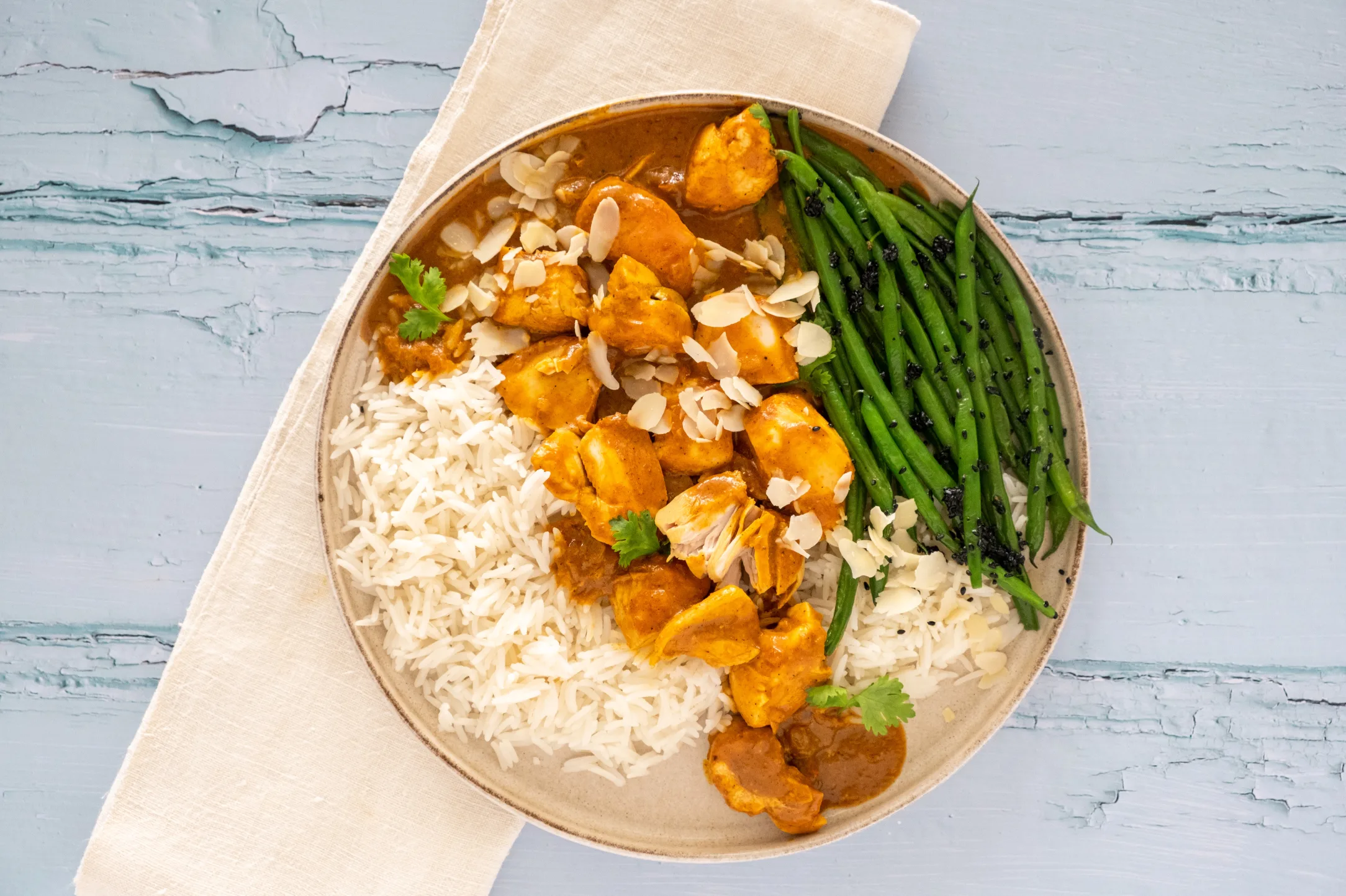Creamy Chicken Korma with Basmati Rice and Green Beans