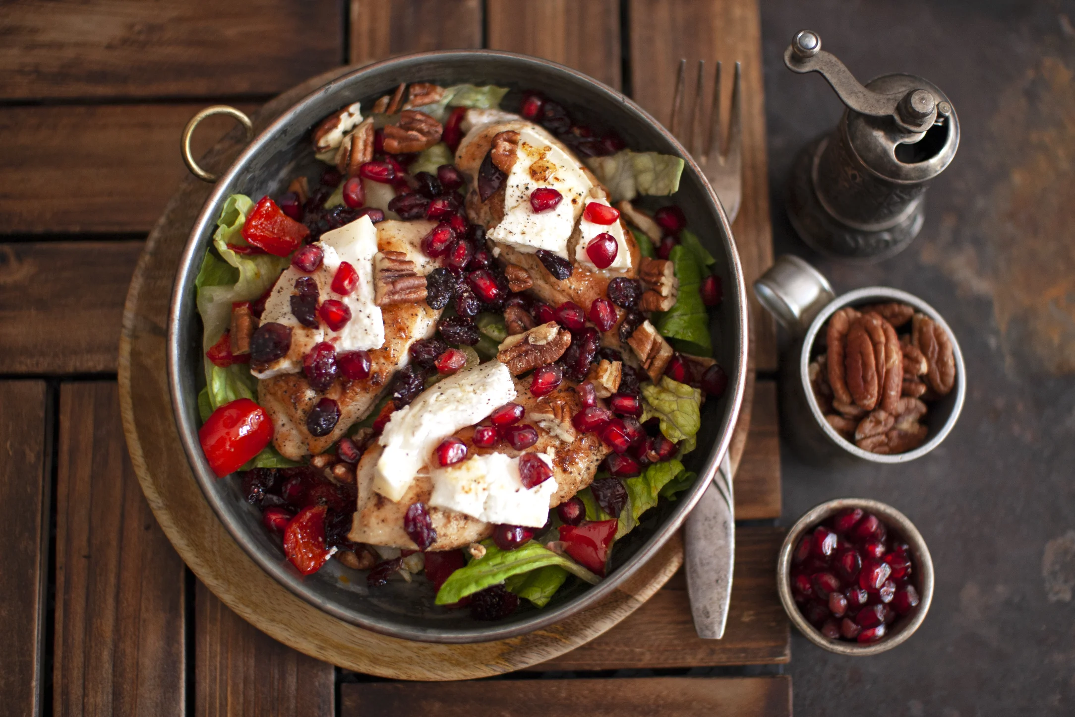Chicken and Goat Cheese Salad with Cranberries, Roasted Peppers and Pecans