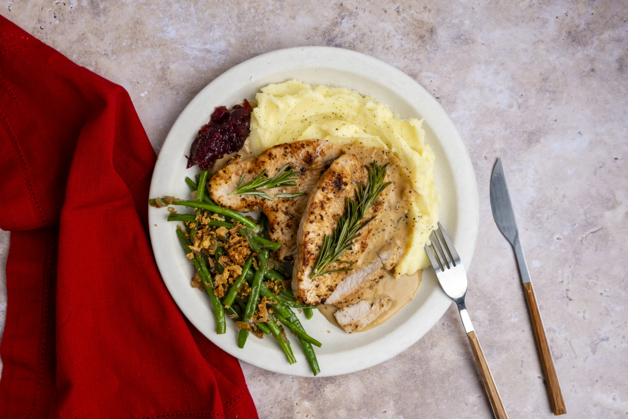Turkey Breast and Mashed Potatoes with Gravy, Green Beans, and Cranberry Sauce