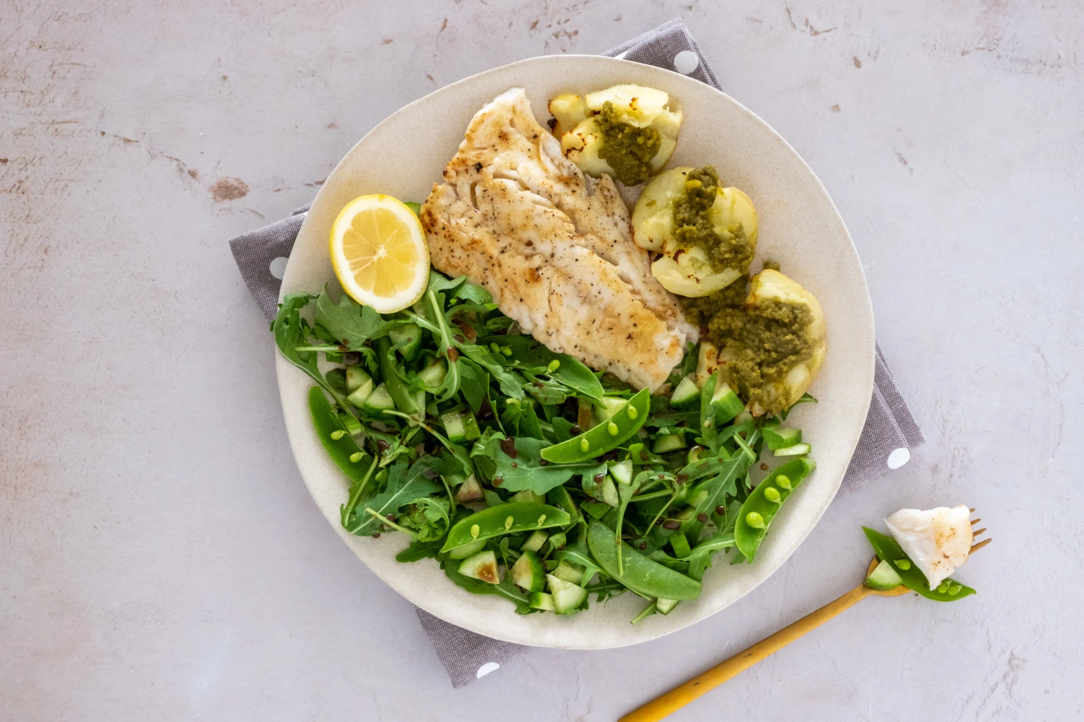 Lemon Butter Cod with Smashed Pesto Potatoes and Crisp Salad