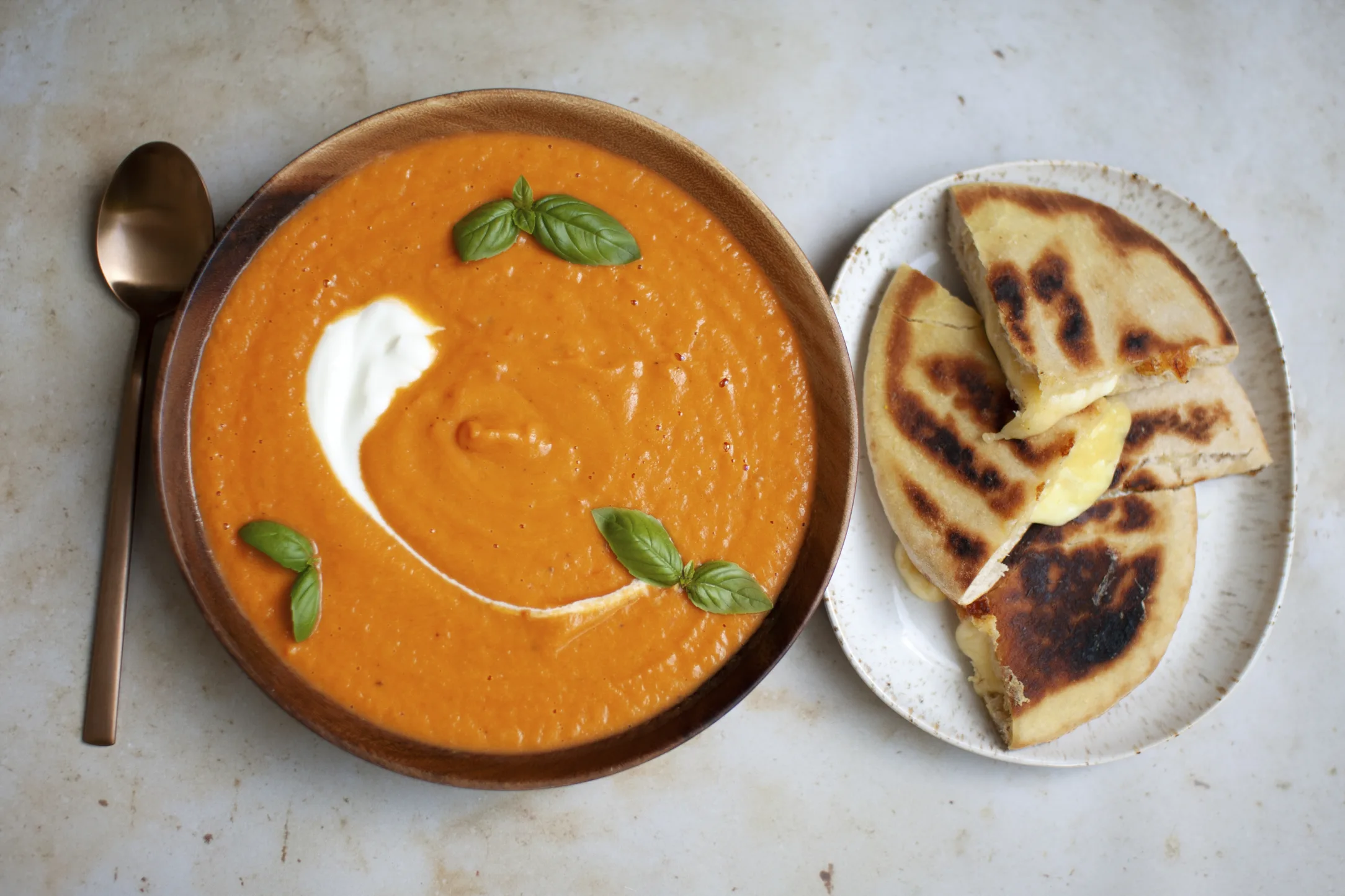 Sweet Potato and Tomato Soup with Grilled Cheese Pitta