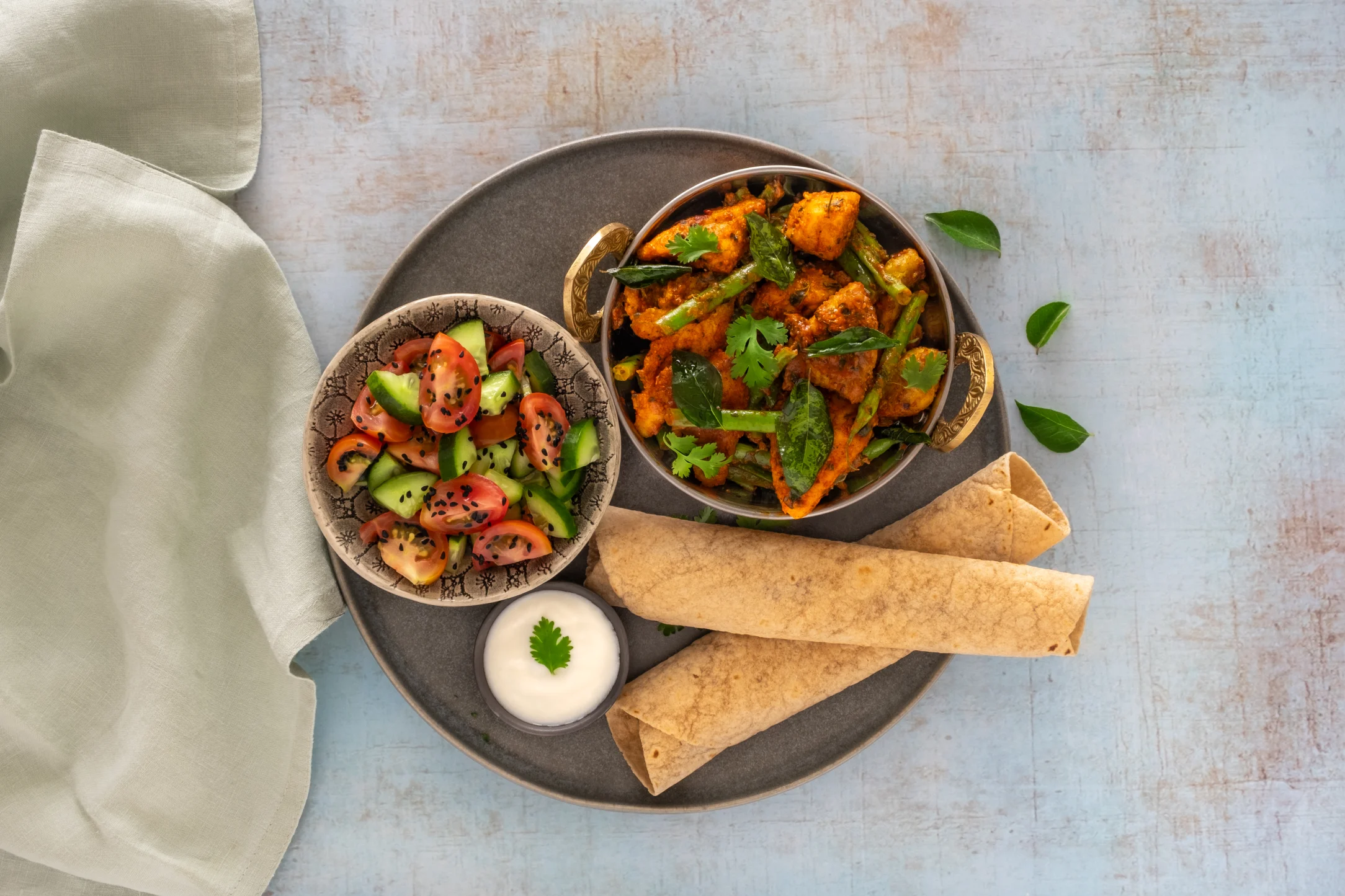 Indian Spiced Chicken with Nigella Seed Salad and Coriander Yogurt