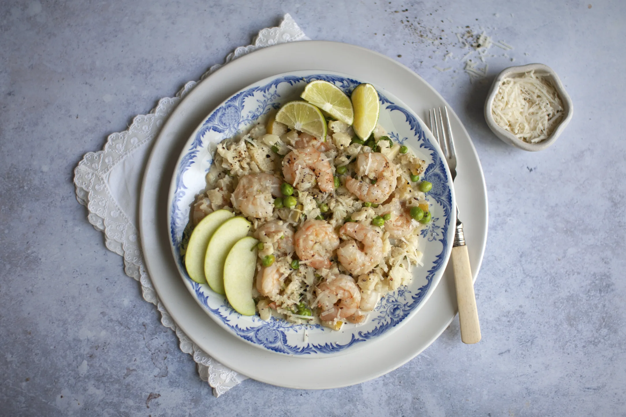 Prawn Cauliflower “Risotto” with Apple and Parmesan