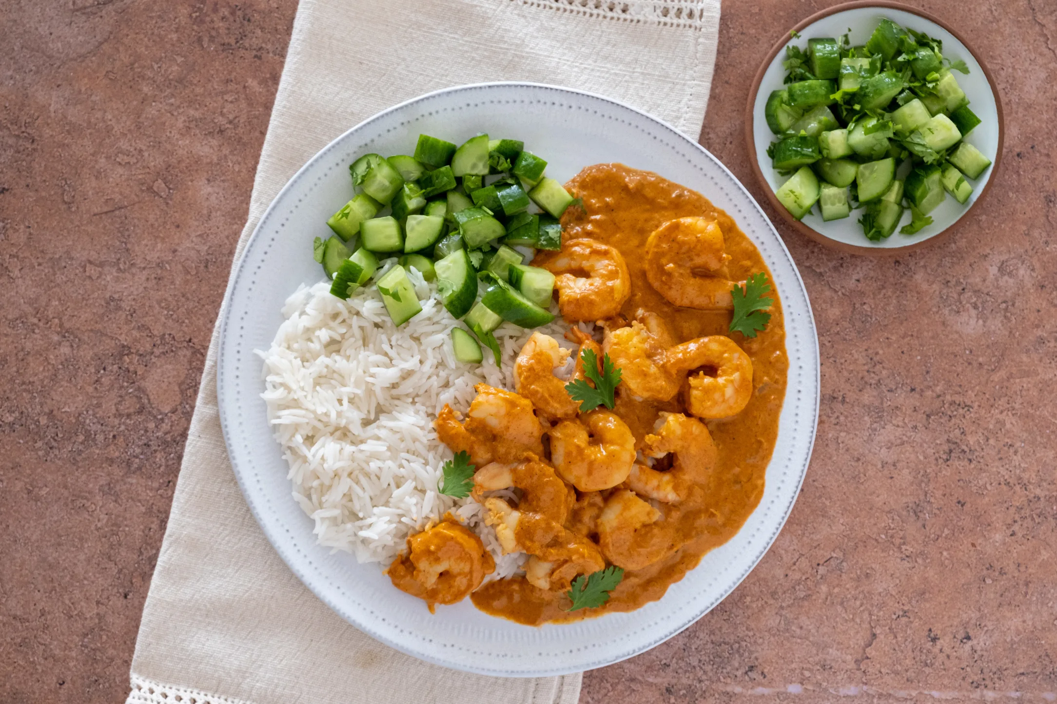 Prawn Tikka Masala with Basmati Rice and Quick Pickled Cucumbers
