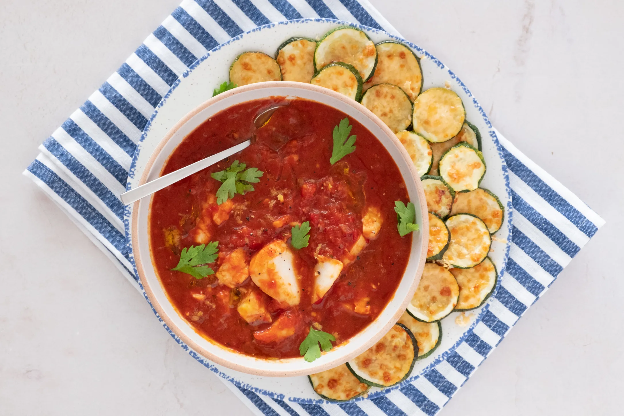Mediterranean Cod Stew with Zucchini Parmesan Chips