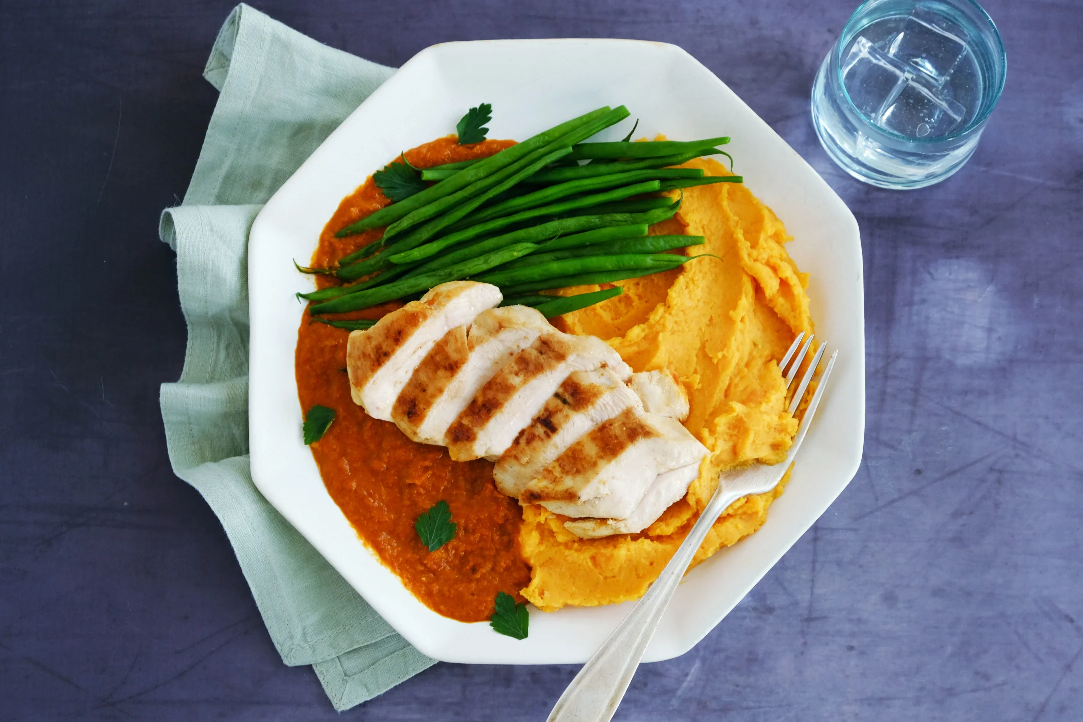 Harissa Chicken with Sweet Potato Mash and Green Beans