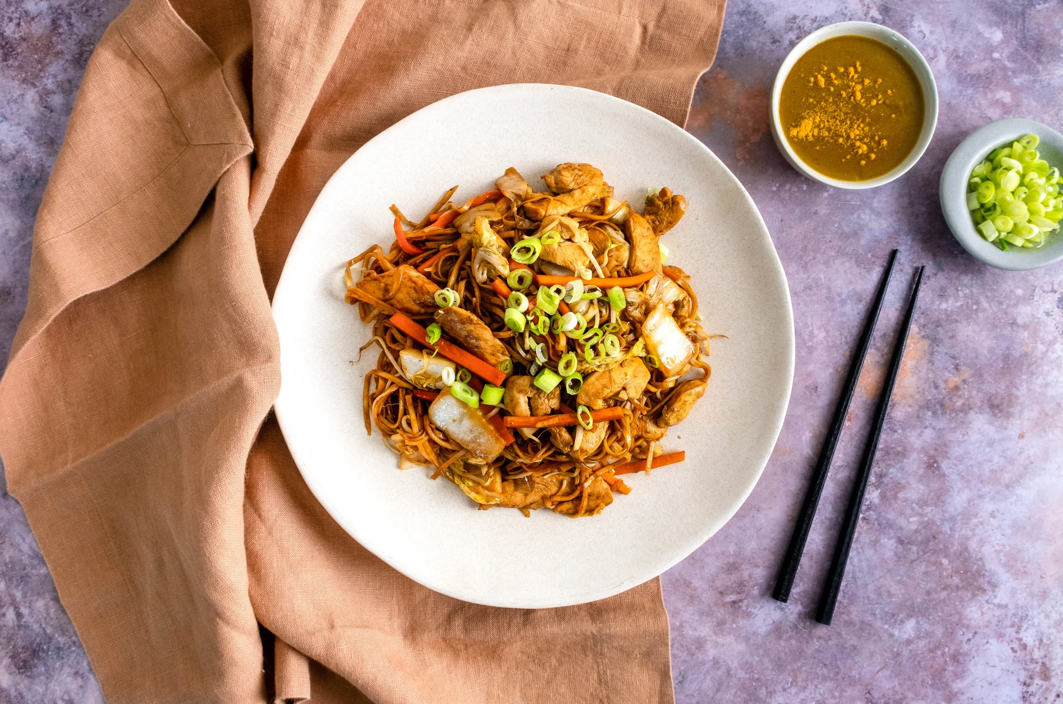 English Style Chicken Chow Mein with Curry Sauce