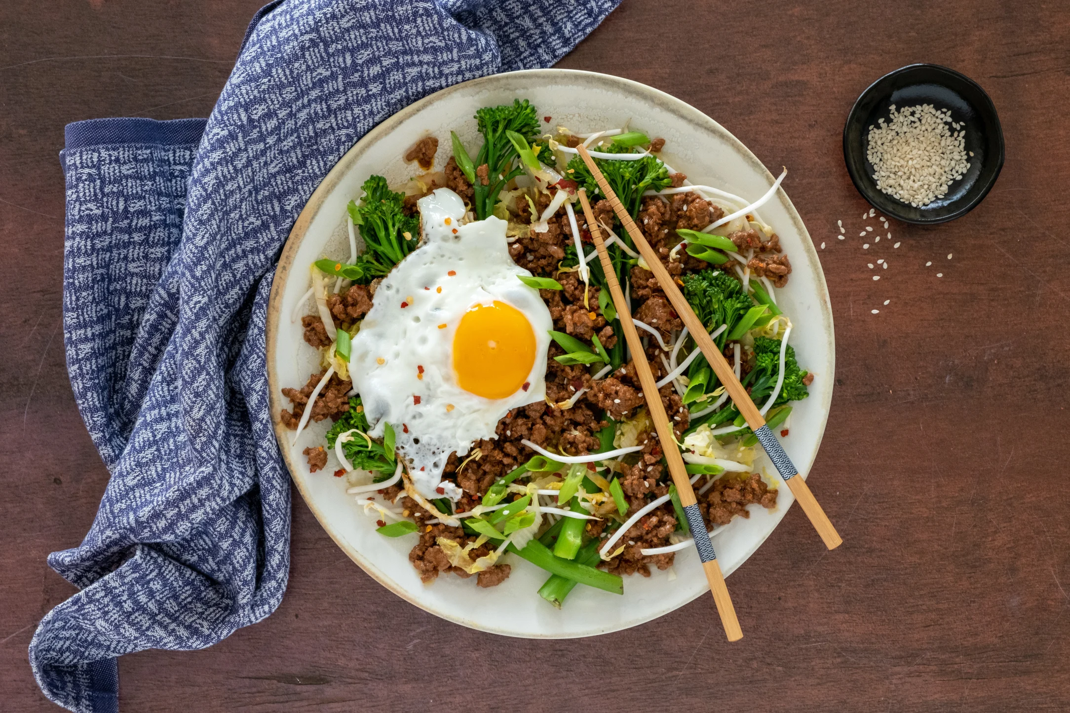 Chilli Beef Mince Stir-fry with Tenderstem Broccoli and Fried Eggs