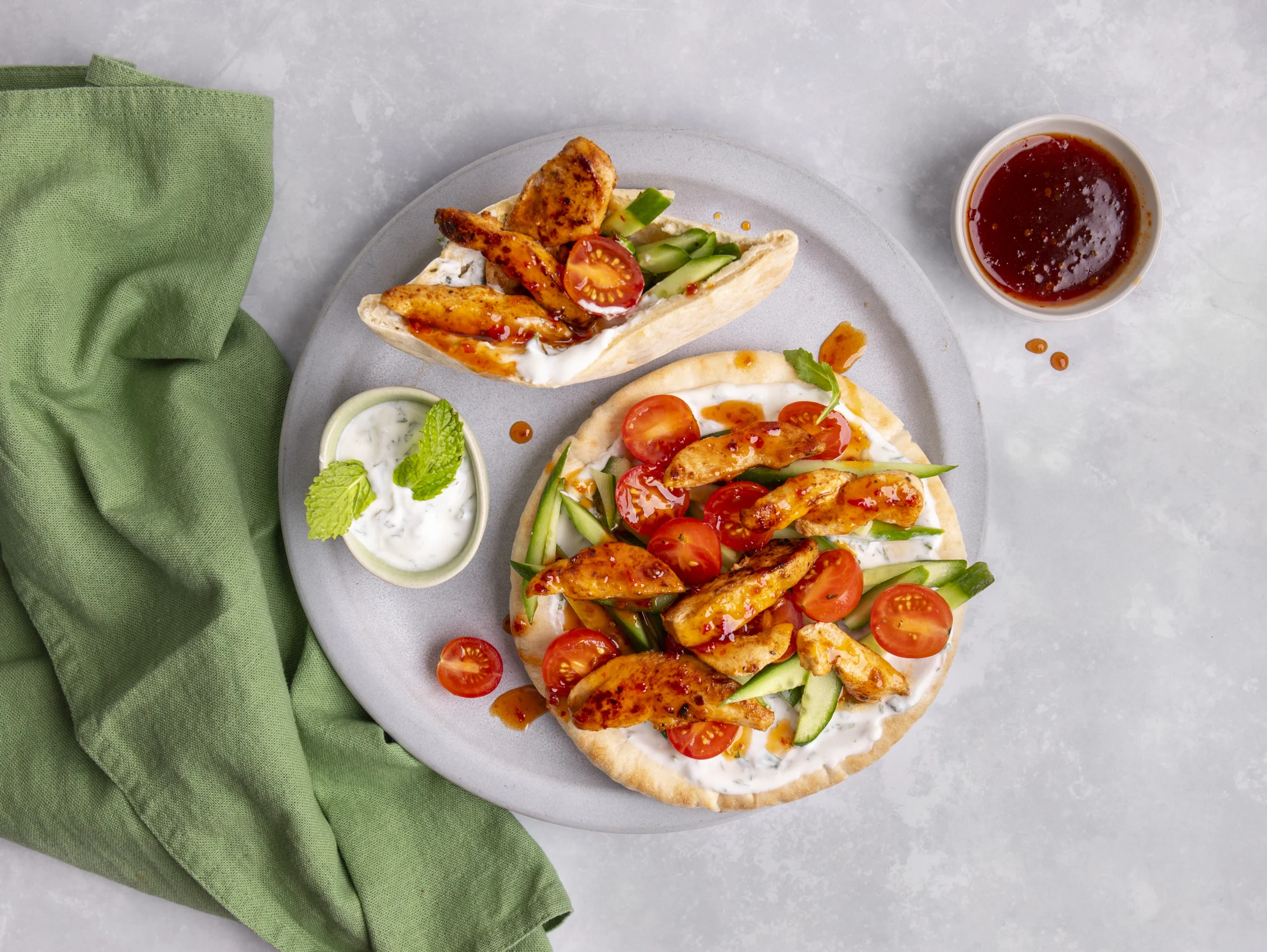 Hot Honey Chicken Pitta Pockets with Mint Yogurt and Fresh Salad