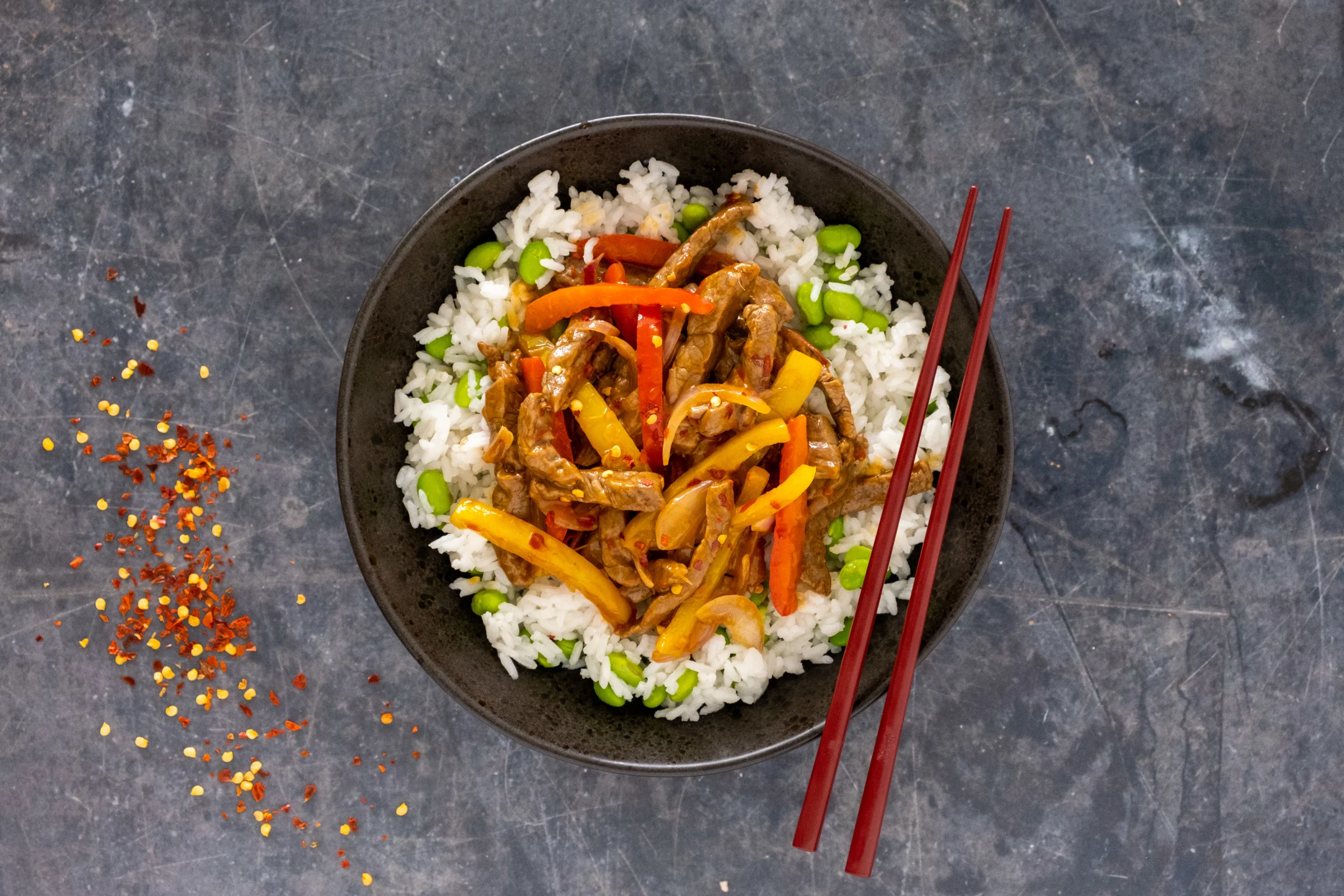 Chilli Beef Stir-fry with Edamame Jasmine Rice