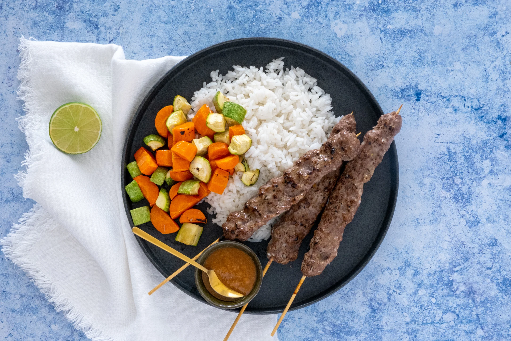 Balinese Beef Kebabs with Peanut Dip and Coconut Rice