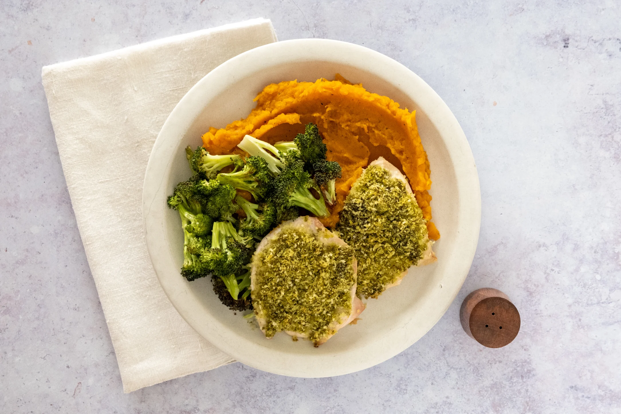 Pesto Crusted Chicken with Roasted Broccoli and Sweet Potato Mash