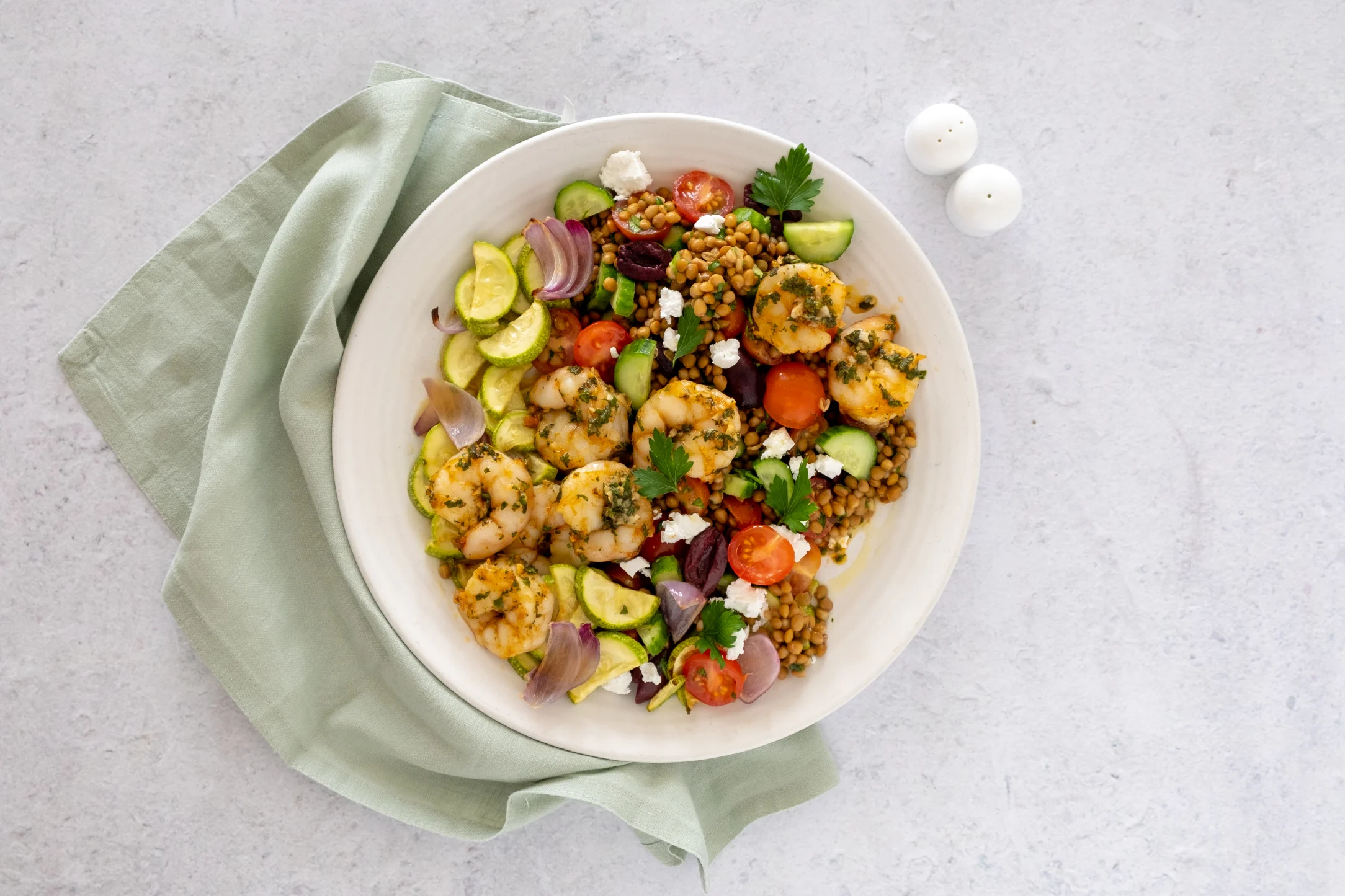 Mediterranean Grilled Prawns with Lentil Salad