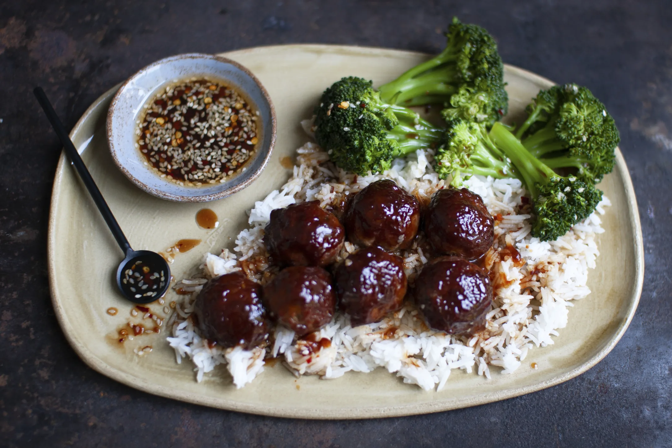 Spicy Asian BBQ Meatballs with Rice and Broccoli