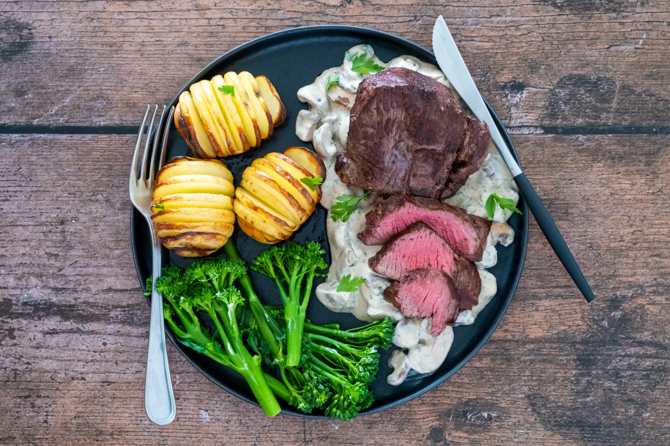 Tenderloin Fillet Steak with Hasselback Potatoes, Broccolini and Truffle Mushroom Sauce
