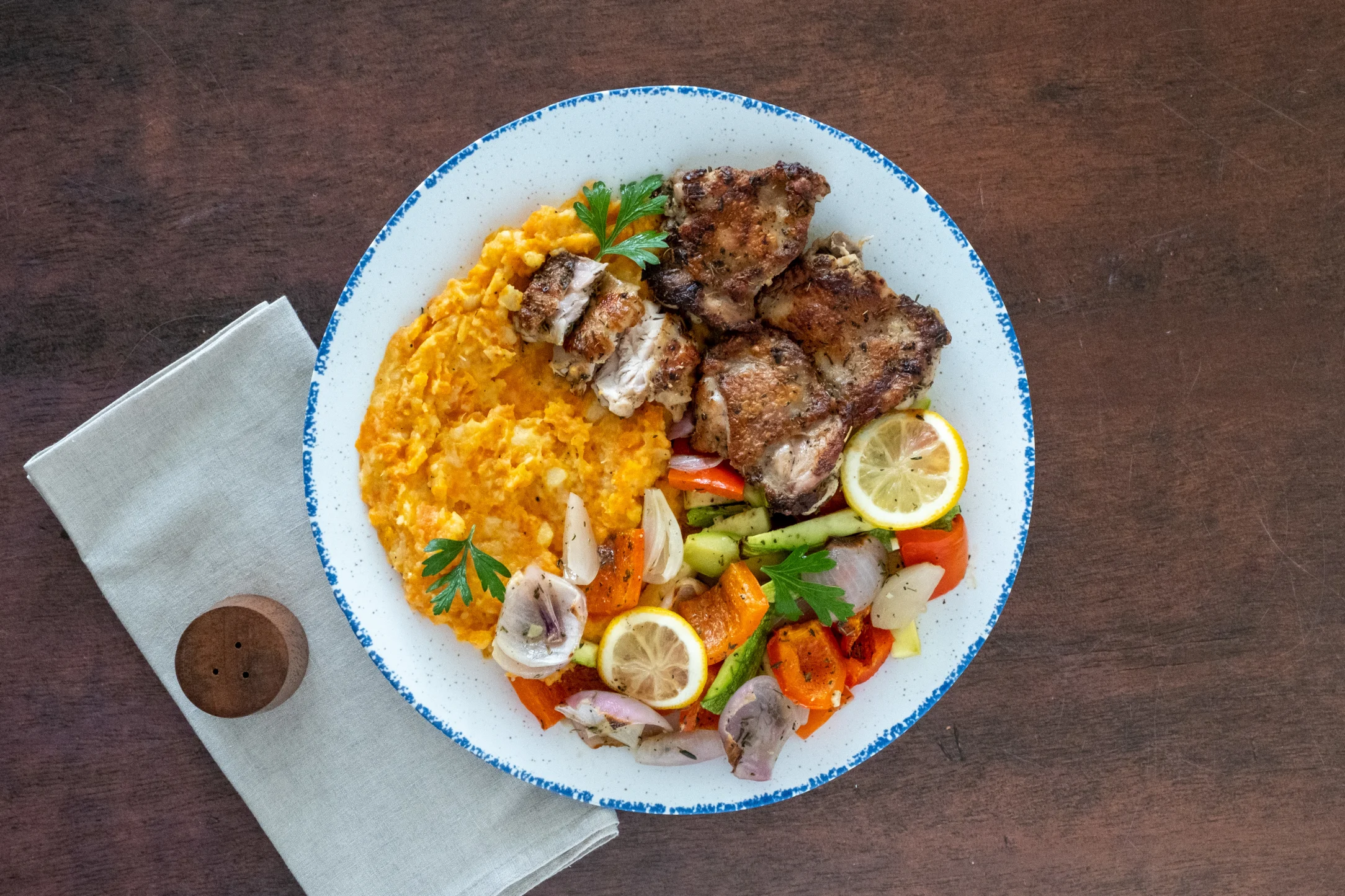 Lemony Chicken with Creamy Root Mash and Roasted Vegetables