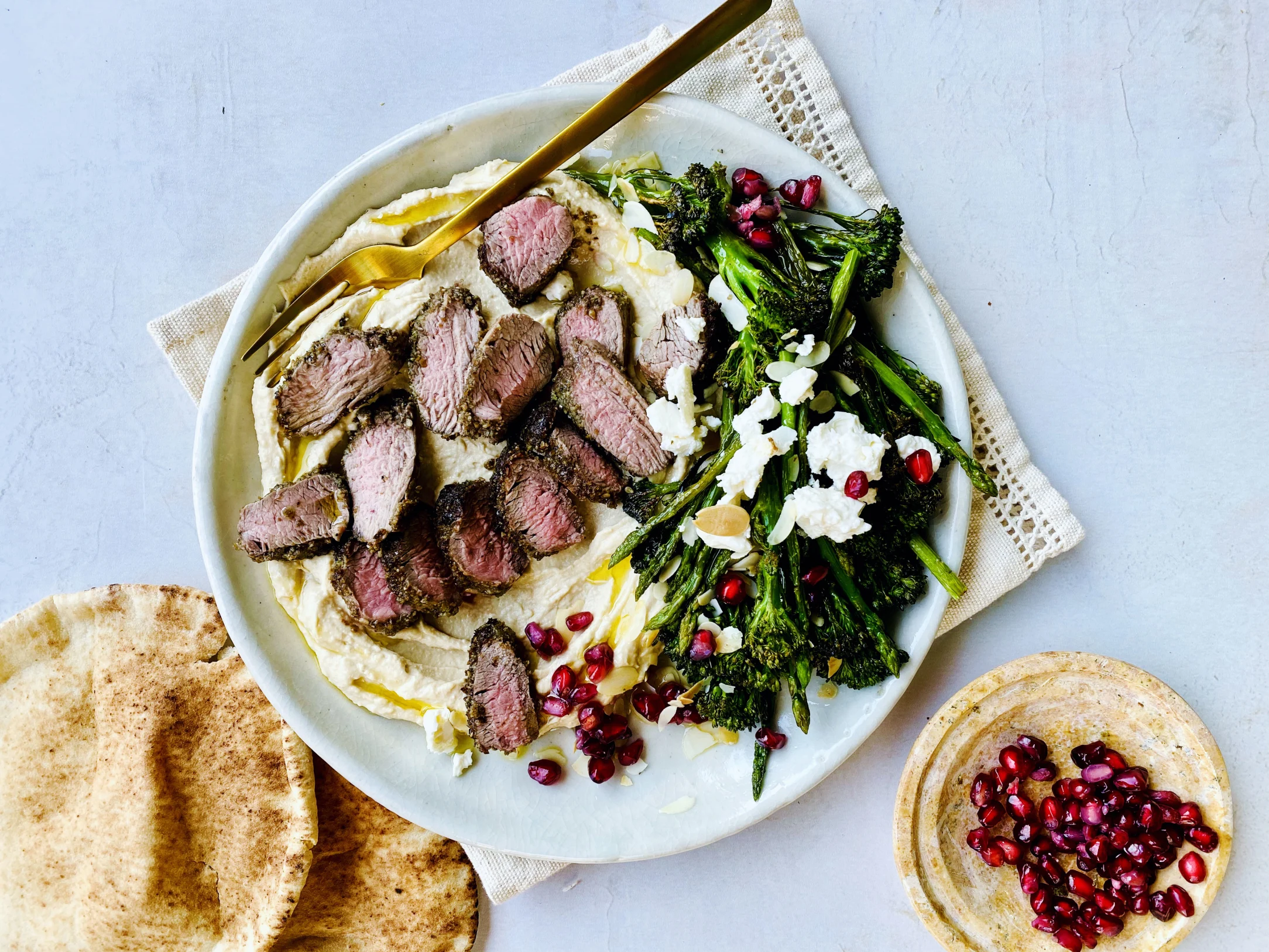 Lamb Tenderloin with Hummus and Broccolini Salad