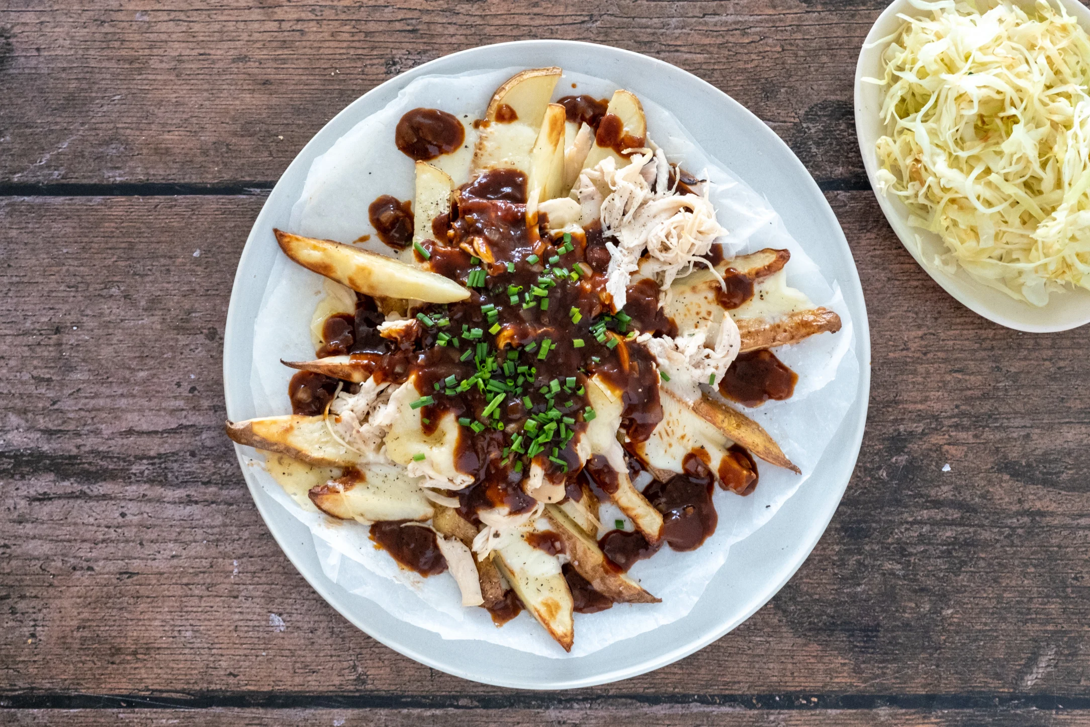 Canadian Chicken Poutine Gravy and Cheesy Fries with Garlic Cabbage