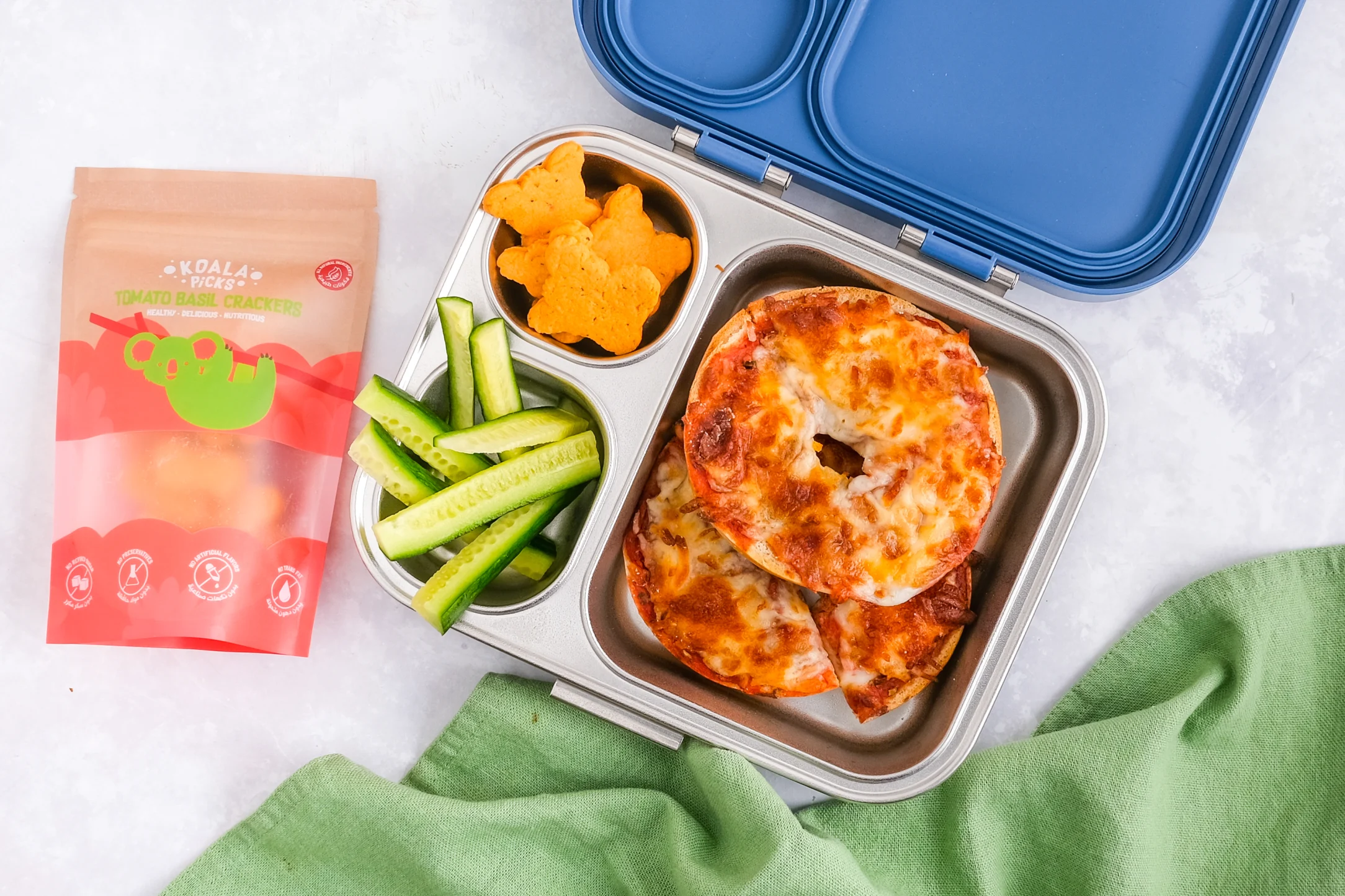 Pizza Bagels with Cucumber and Koala Tomato Basil Crackers