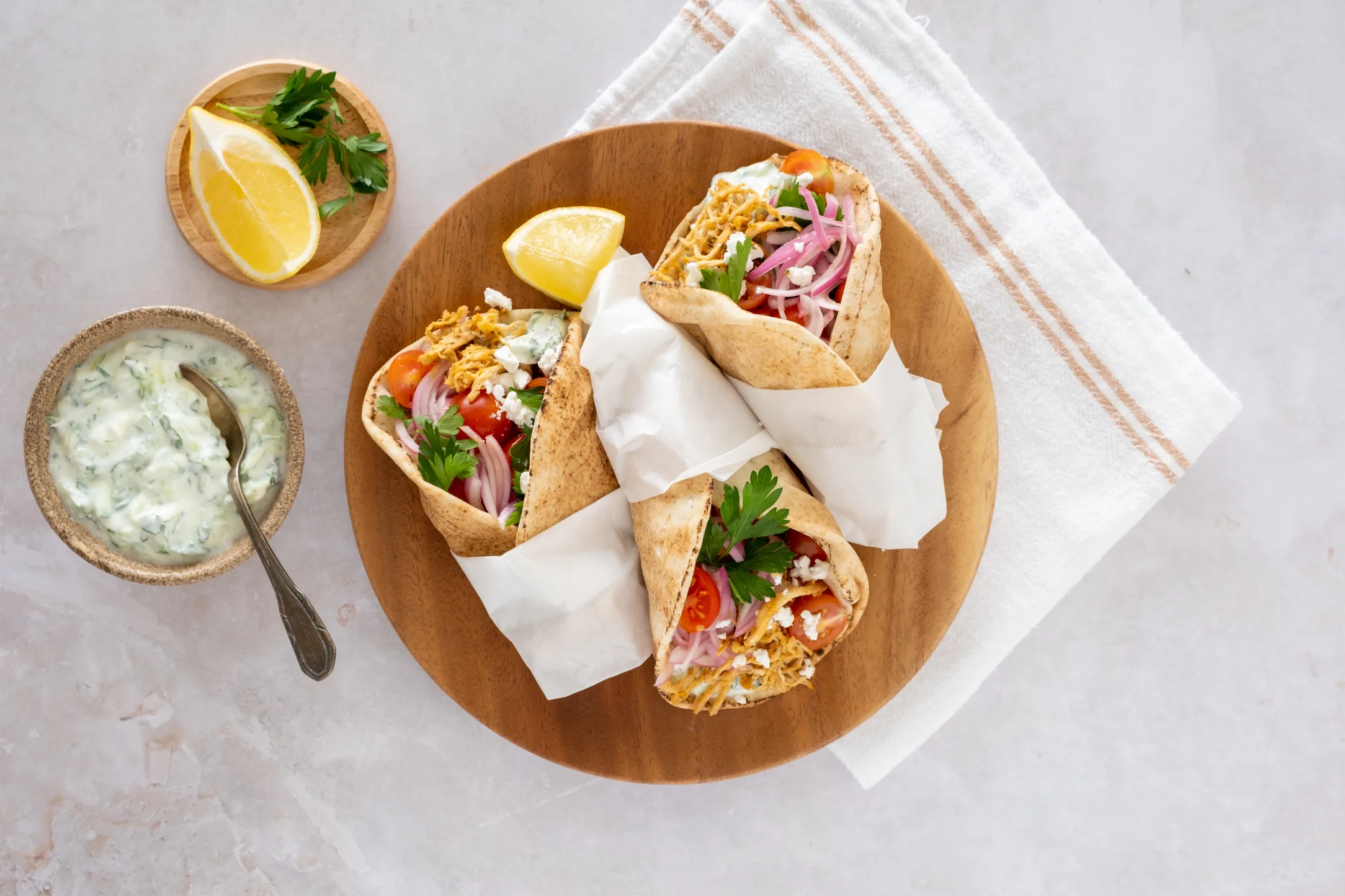 Greek Pulled Chicken Gyros with Feta and Tzatziki