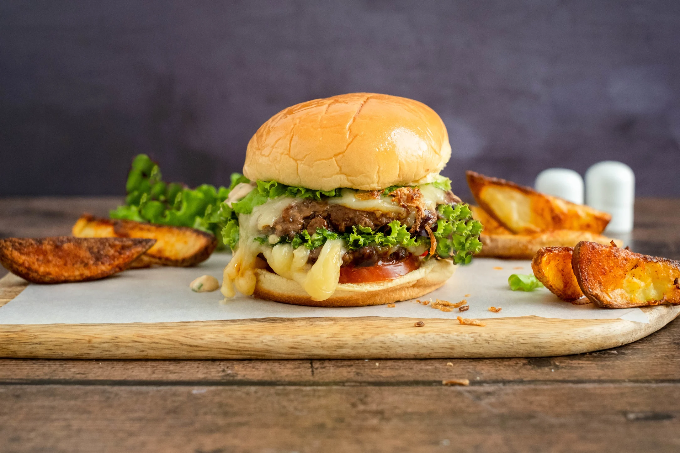 Classic Double Cheese Burger with Potato Wedges