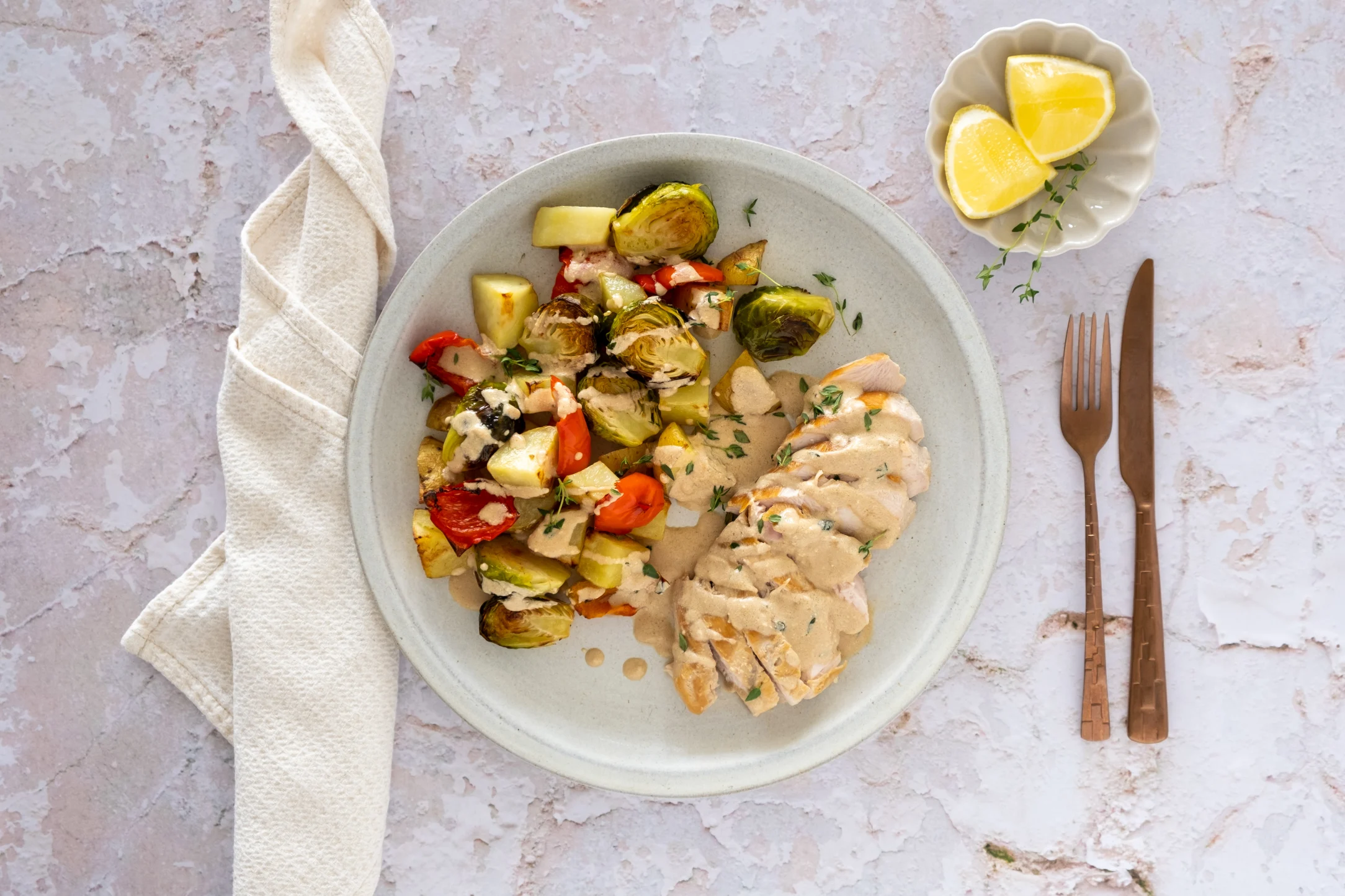 Chicken in Creamy Thyme Sauce with Roasted Brussels Sprouts