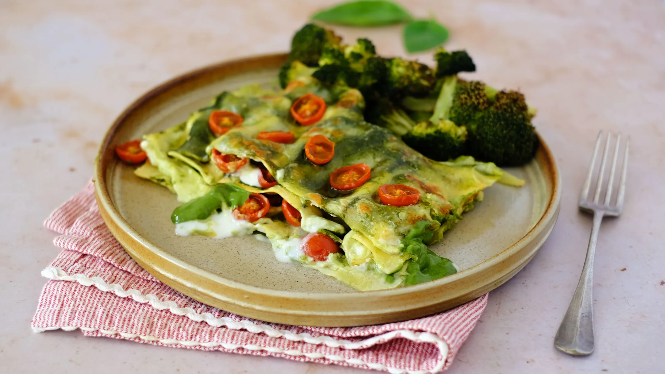 Spinach Pesto Lasagne with Cherry Tomatoes and Roasted Broccoli