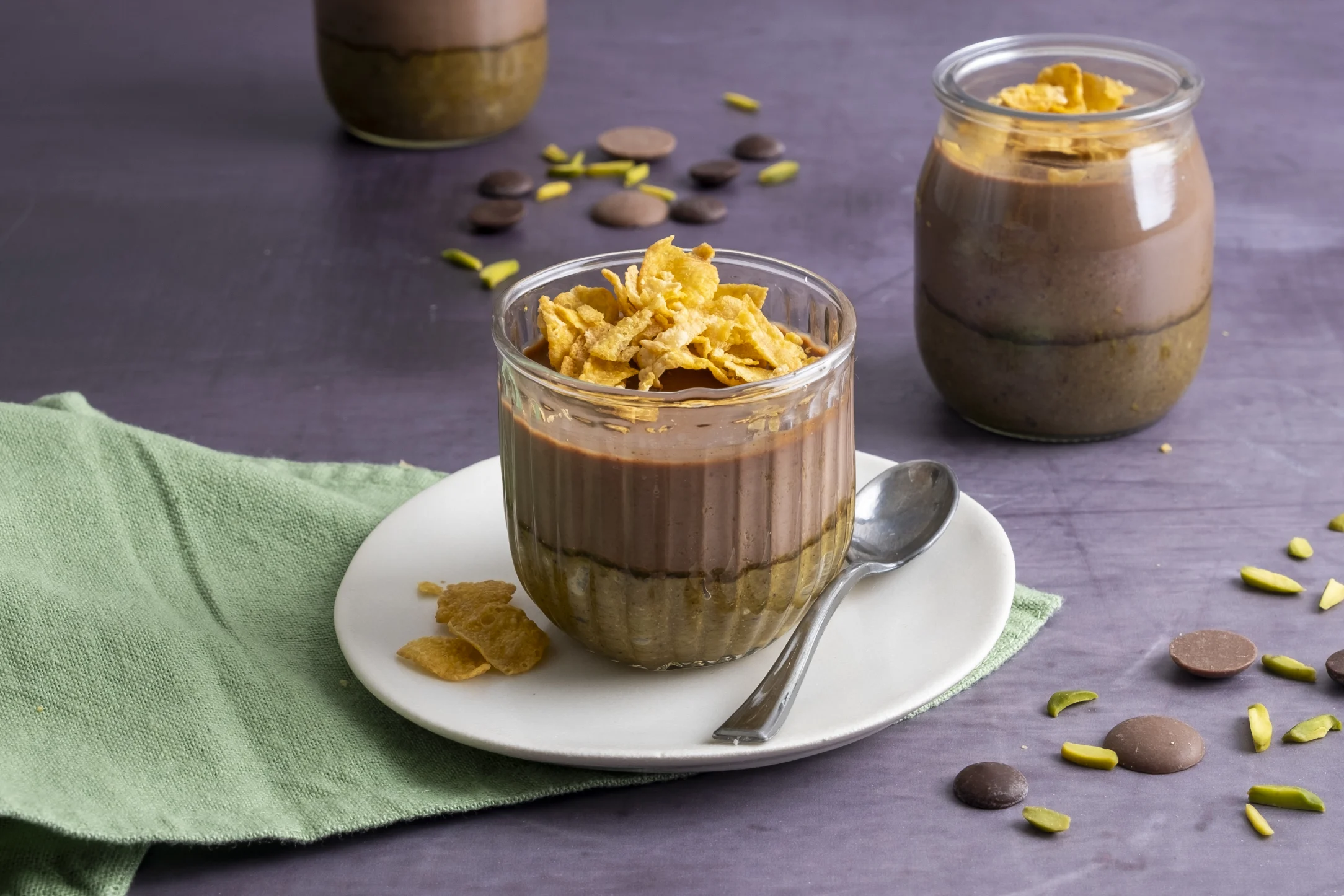 'VIRAL' Pistachio and Chocolate Dessert Pots with Lotus Biscuits and Cornflakes