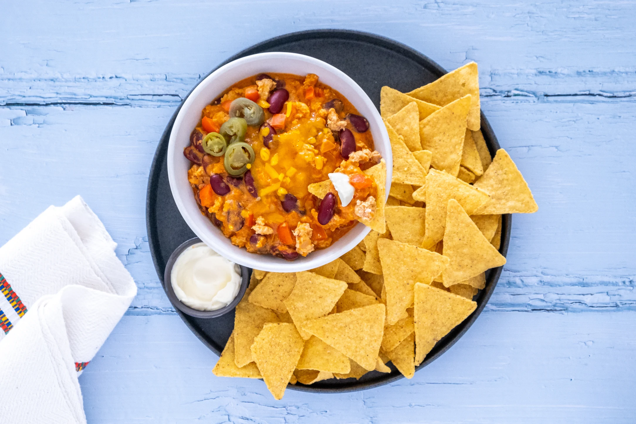 Queso Chicken and Bean Chilli with Nachos