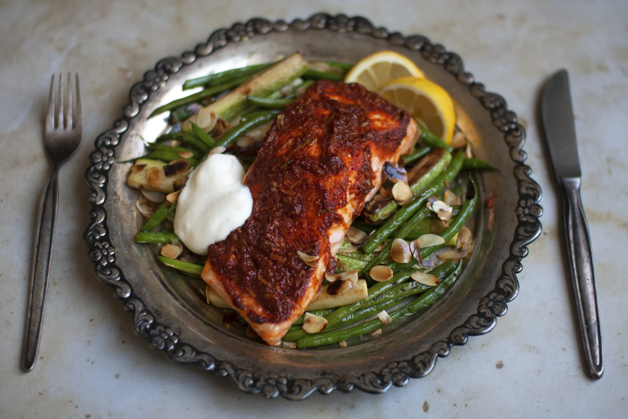 Harissa Salmon with Almond Greens and Greek Yogurt