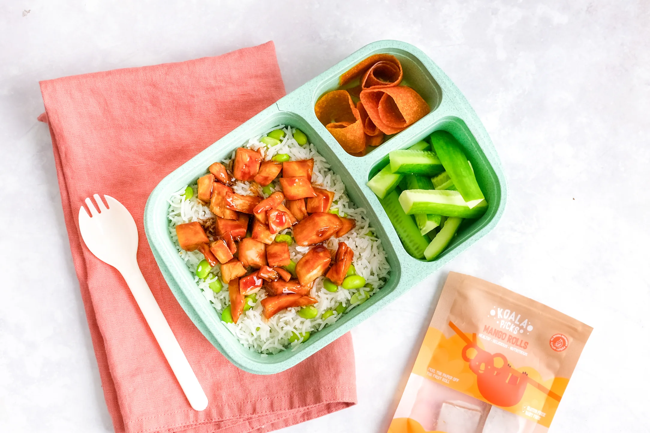 Teriyaki Chicken Rice Bowl with Cucumber & Koala Mango Rolls