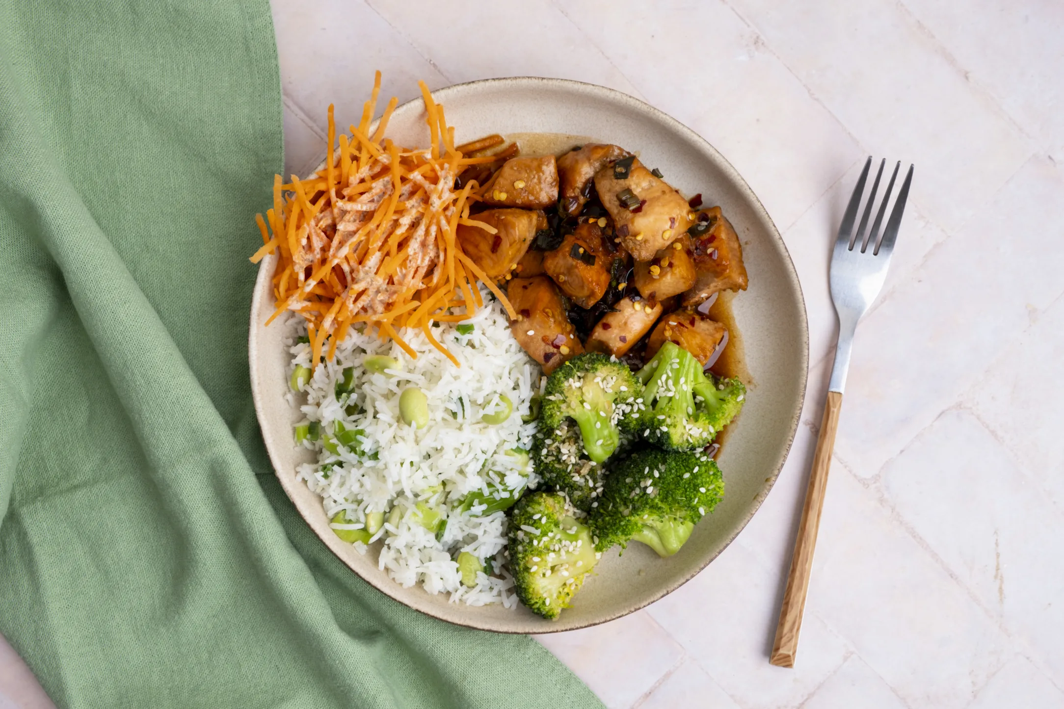 Express: Asian Salmon Bowl with Edamame Rice and Broccoli with Pre-prepped Ingredients