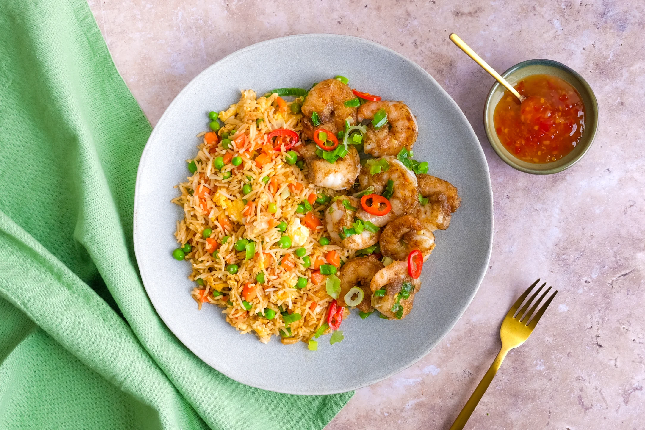Salt & Pepper Prawns with Vegetable Egg Fried Rice & Sweet Chilli Sauce