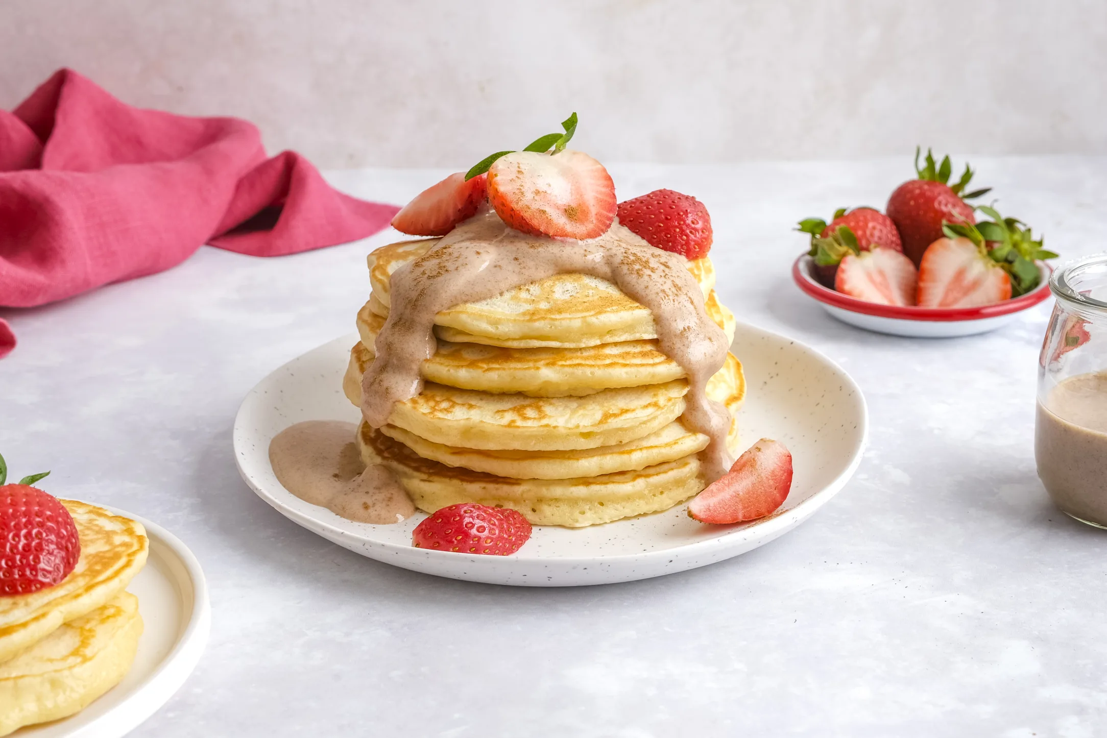 Fluffy Pancakes with Cinnamon Date Cream & Strawberries