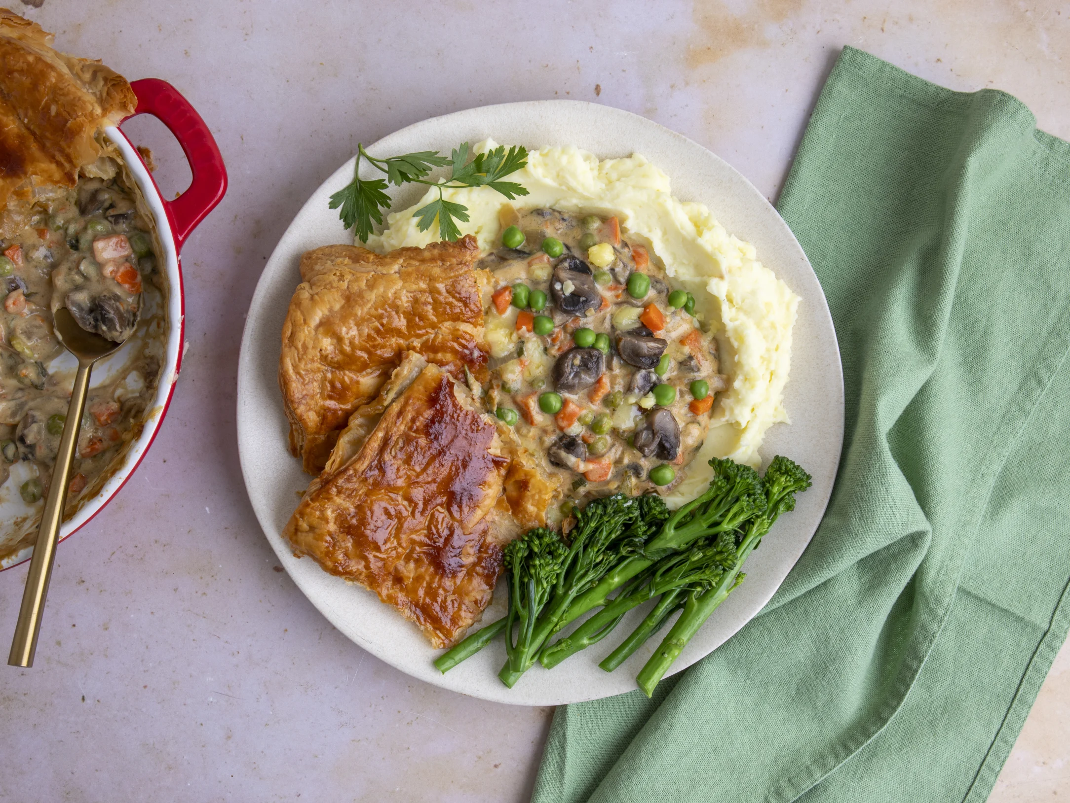 Cheesy Mushroom and Veggie Puff Pastry Pie with Mashed Potatoes and Broccoli