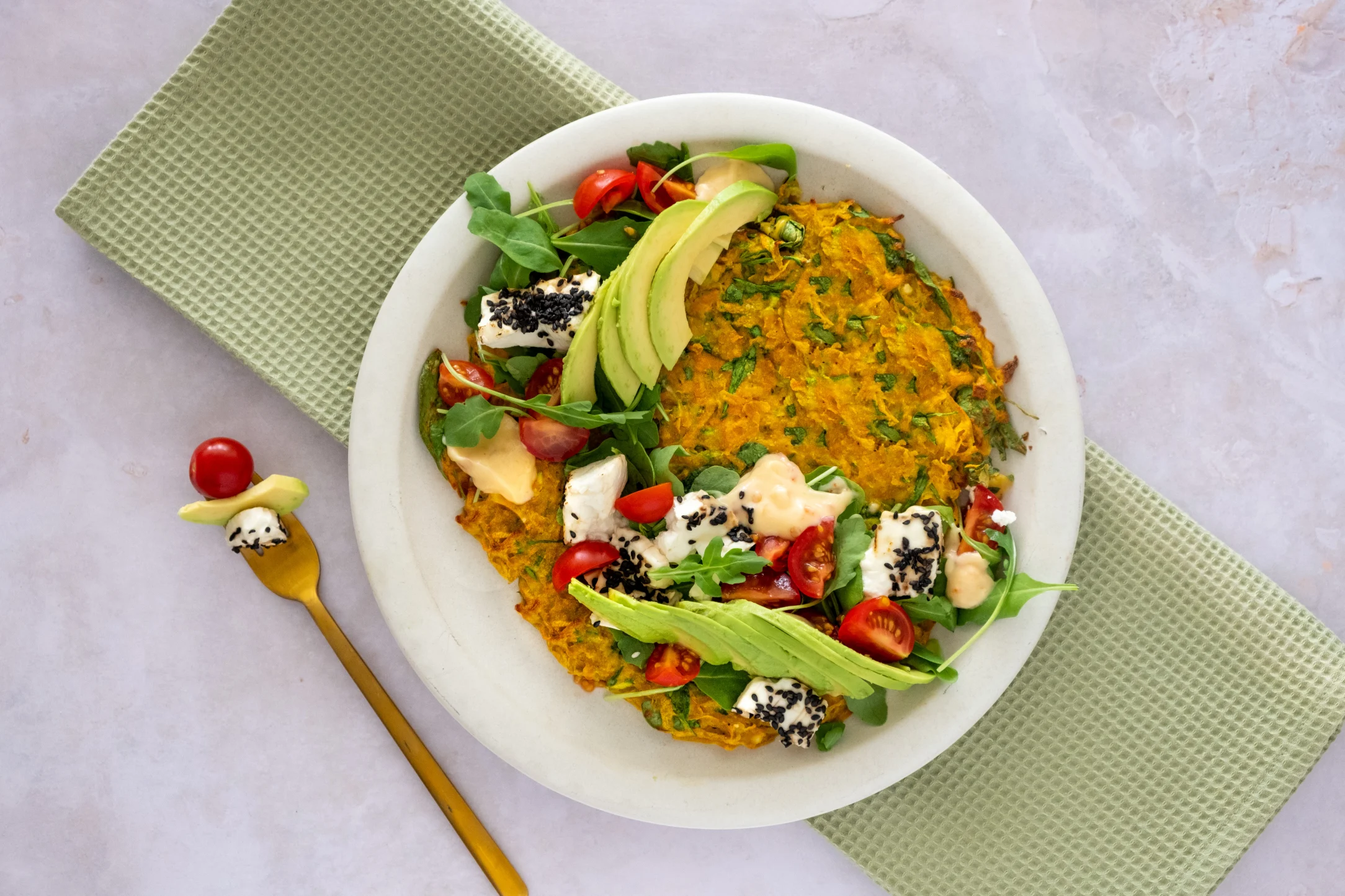 Sweet Potato Rosti with Baked Feta Cheese and Avocado