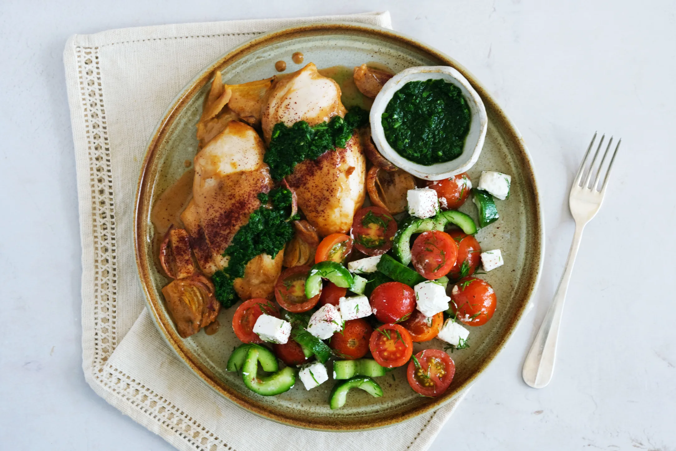 Tahini Baked Chicken with Zhoug Hot Sauce and Fresh Salad